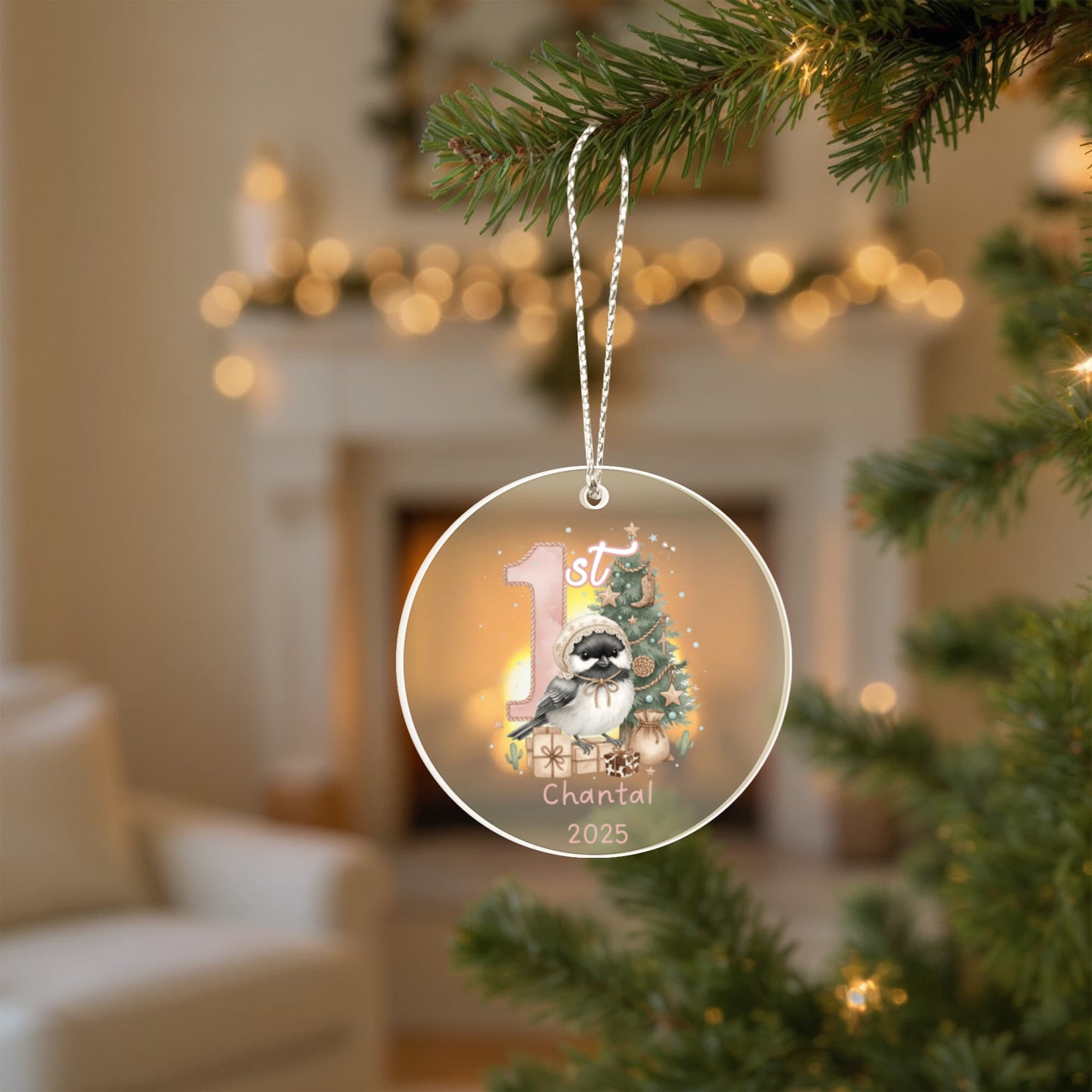 Baby's First Christmas Cute Chickadee Girl's Western Style Acrylic Ornament – Personalized Name and Year – Holiday Keepsake – 3” Clear Round Ornament for Newborns, Infants