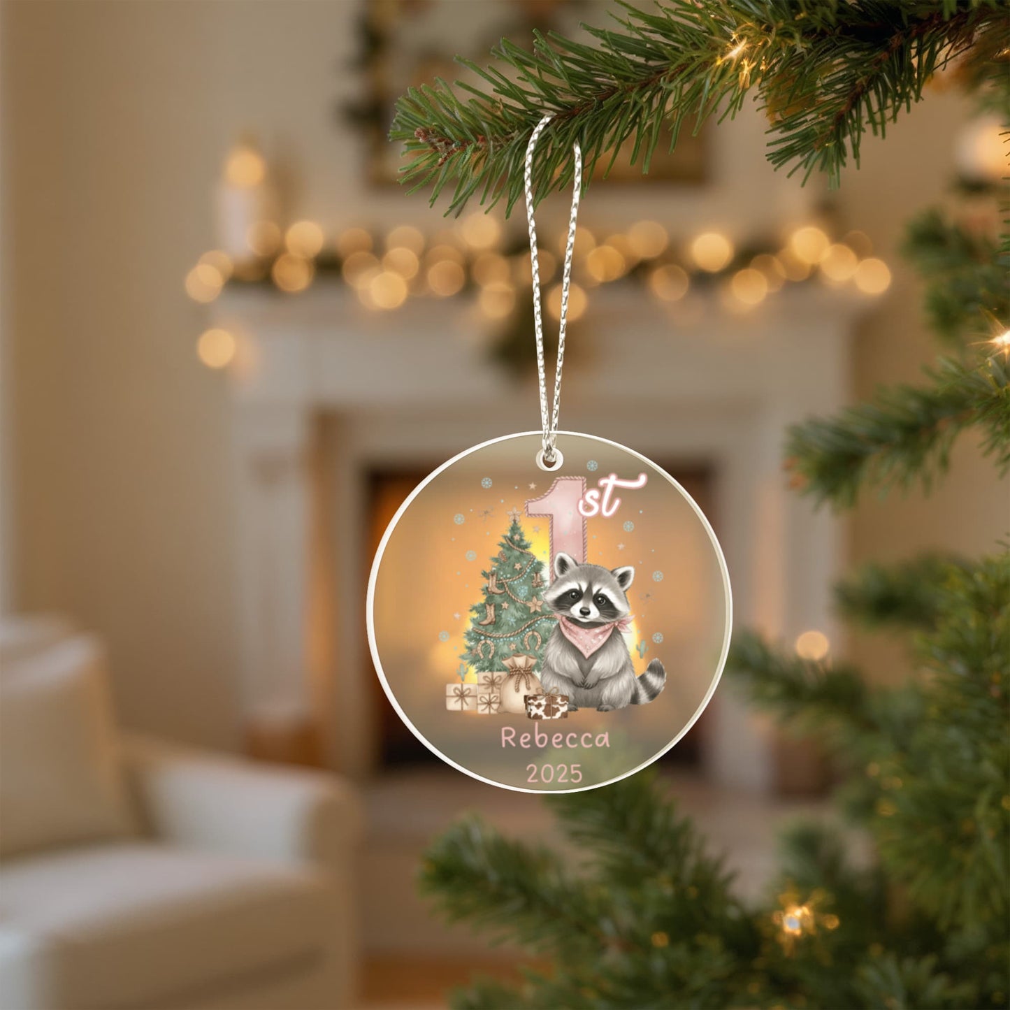 Baby Girl First Christmas Raccoon Western Style Acrylic Ornament – Personalized Name and Year – Holiday Keepsake – 3” Clear Round Ornament for Newborns, Infants