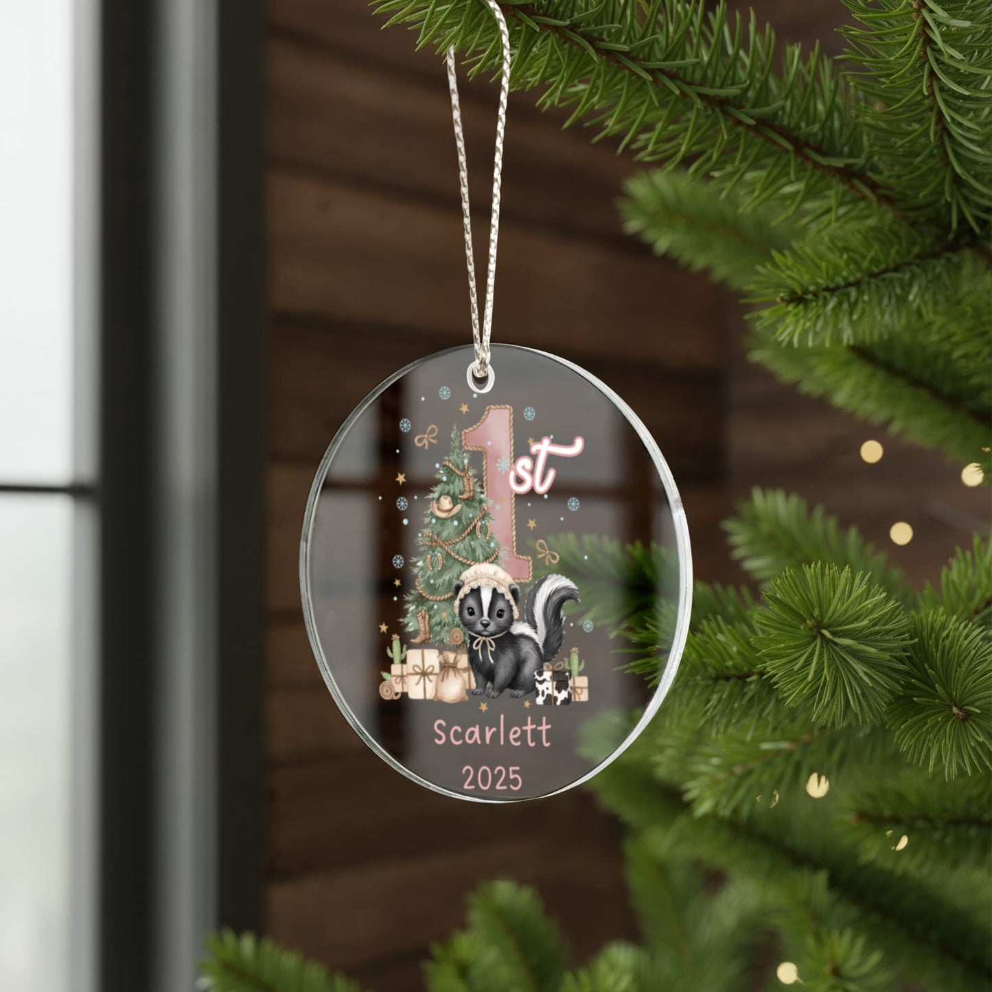 Baby's First Christmas Cute Skunk Girl's Western Style Acrylic Ornament – Personalized Name and Year – Holiday Keepsake – 3” Clear Round Ornament for Newborns, Infants
