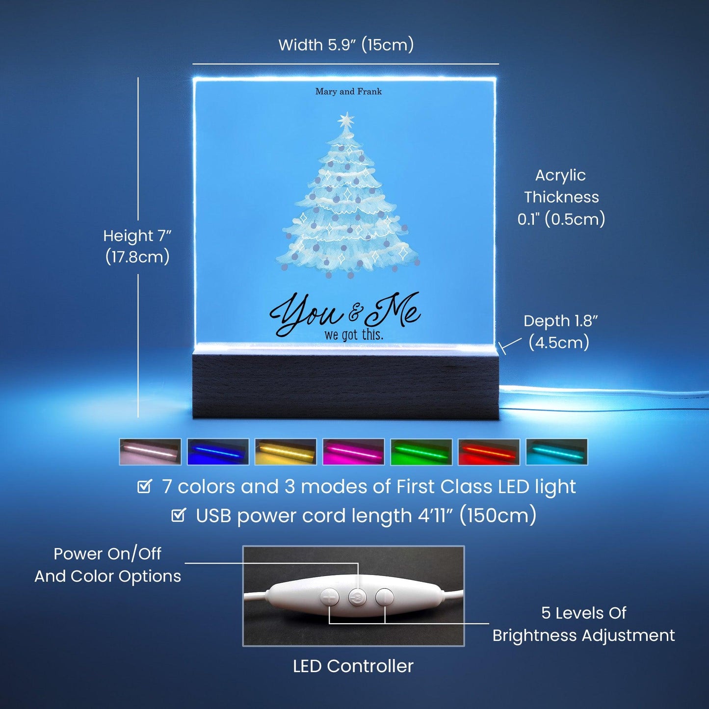Personalized Christmas Tree Acrylic Plaque with Lighted LED Wooden Base - Mallard Moon Gift Shop