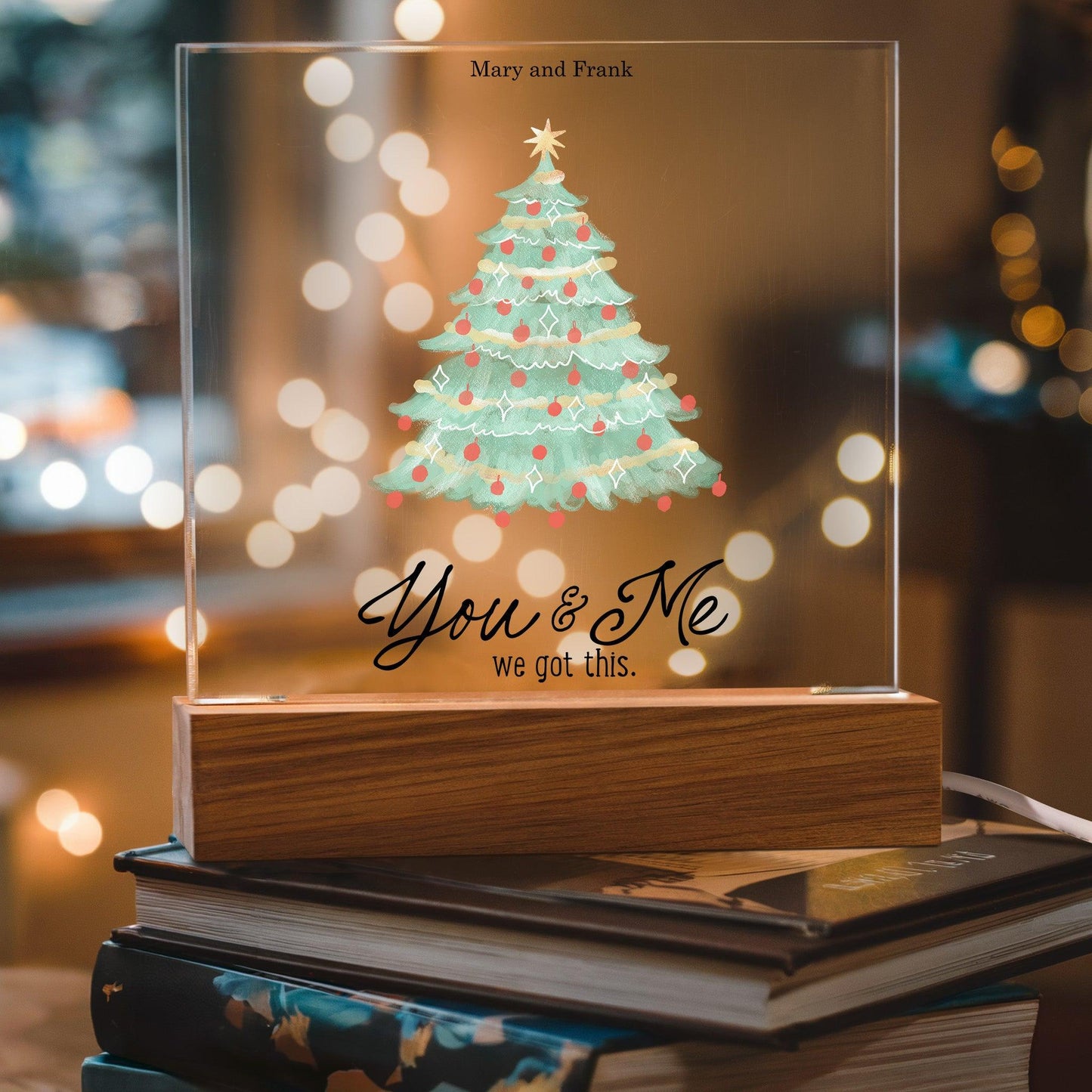 Personalized Christmas Tree Acrylic Plaque with Lighted LED Wooden Base - Mallard Moon Gift Shop