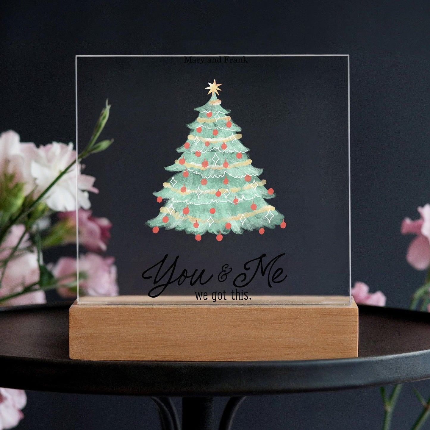 Personalized Christmas Tree Acrylic Plaque with Lighted LED Wooden Base - Mallard Moon Gift Shop