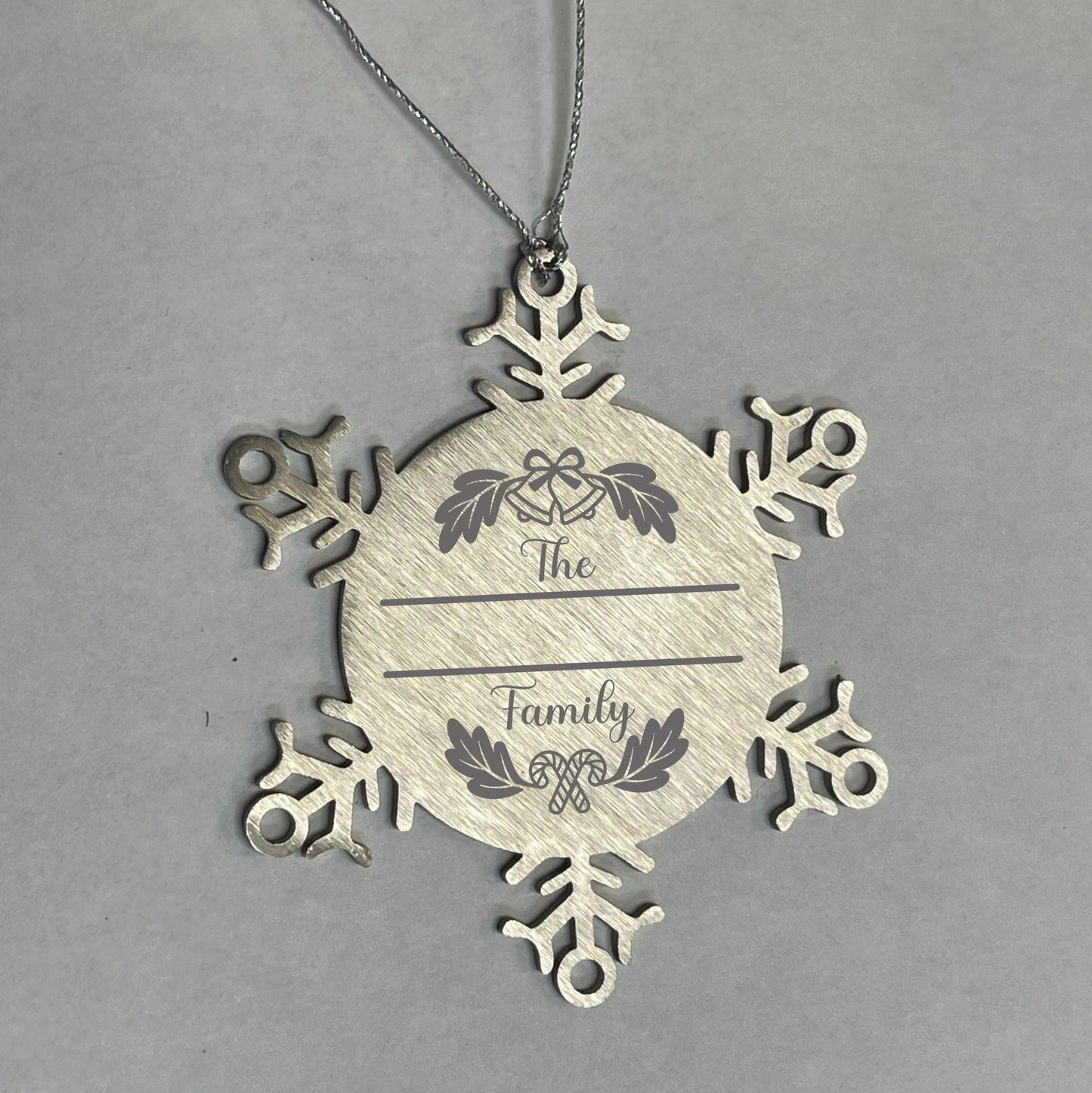 Personalized Family Name Christmas Bells Laser Engraved Stainless Steel Snowflake Tree Ornament - Mallard Moon Gift Shop