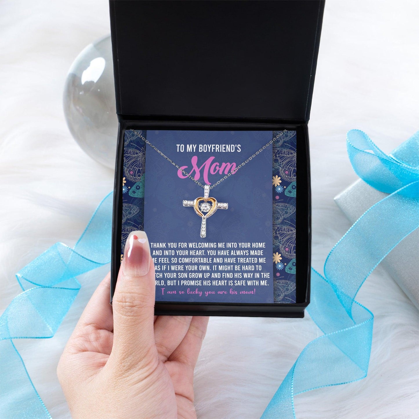 Boyfriend's Mom Cross Necklace with Heartfelt Message Card I Promise He is Safe with Me - Mallard Moon Gift Shop