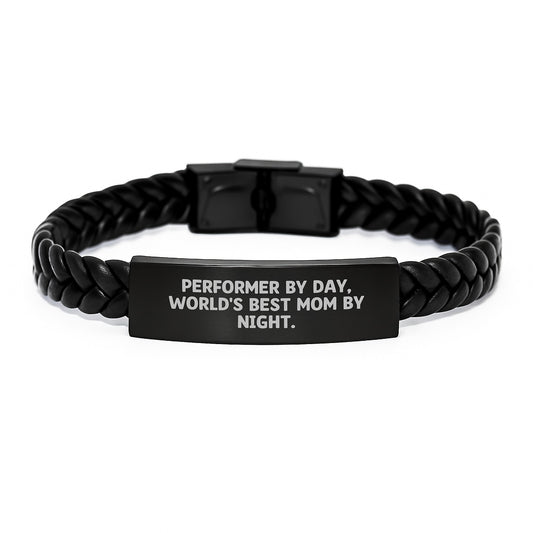 Performer Gifts by Day, Mom by Night, Interlaced Leather Graduation Wristband, Funny Quote, Unique Gifts from Mom to Performer, for Women, Friends, Family - Image 1