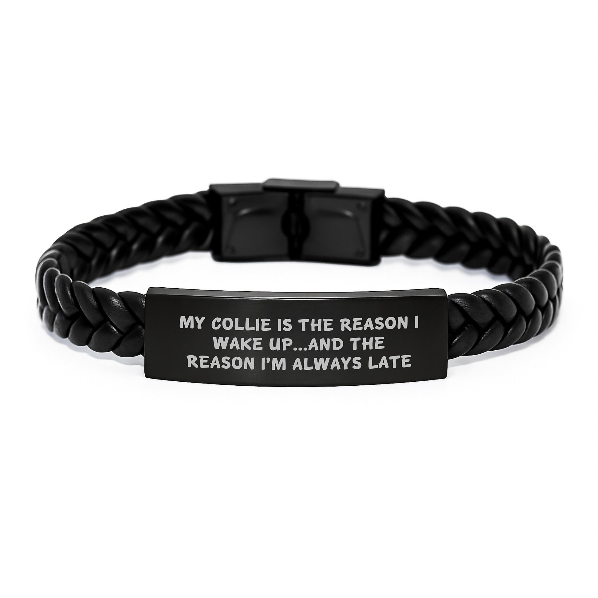 Funny Collie Dog Gifts from Mom for Birthday - Interlaced Leather Bracelet, 'My Collie Is The Reason I Wake Up...and The Reason I'm Always Late' Quote, Gifts for Men, Women, Family - Image 1