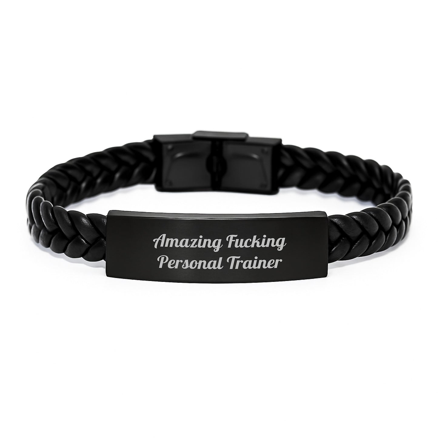 Funny Personal Trainer Gifts from Friends for Him or Her, Interlaced Leather Bracelet Quote 'Amazing F--king Personal Trainer' Birthday Unique Gifts - Image 1