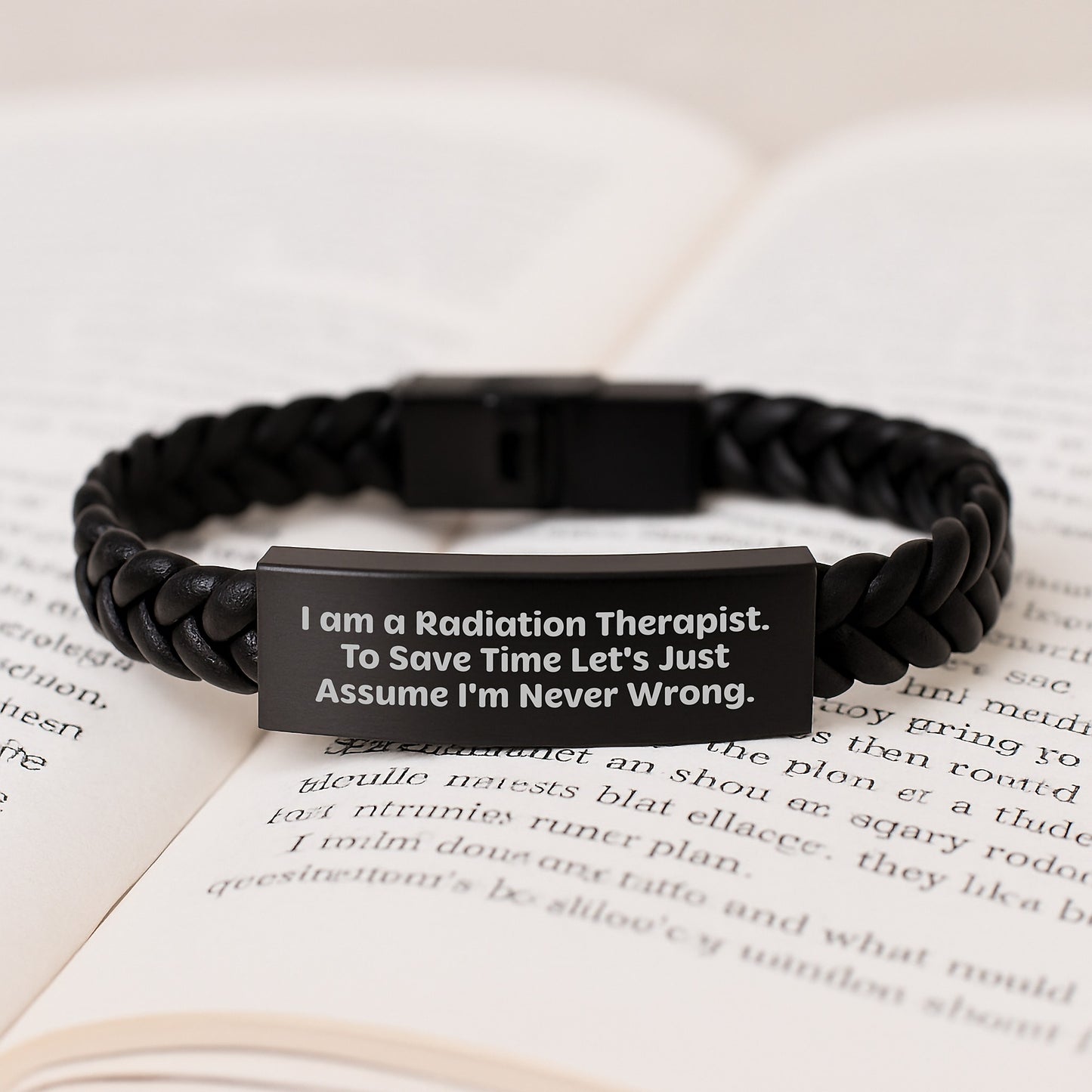 Funny Radiation Therapist Gifts from Friends for Men Interlaced Leather Bracelet, 'I Am A Radiation Therapist. To Save Time Let's Just Assume I'm Never Right.' Quote, Graduation Unique Jewelry - Image 3
