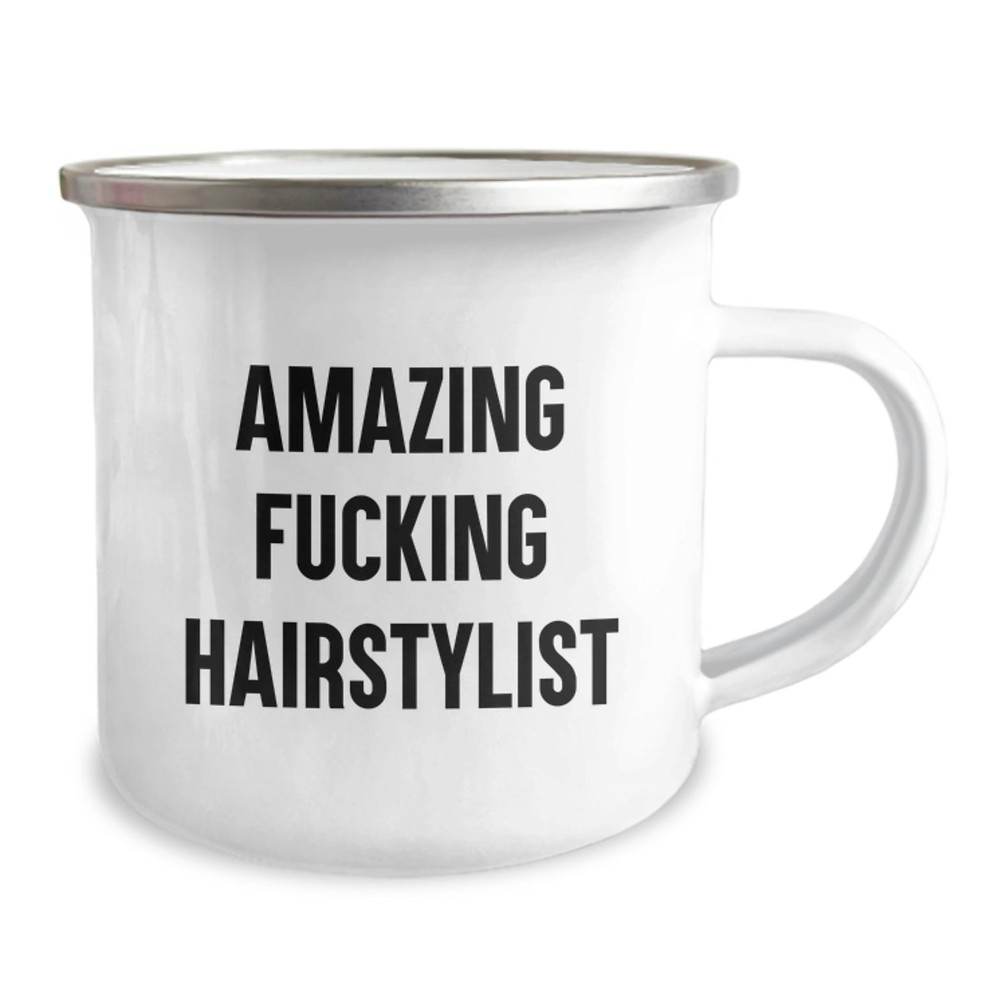 Hairstylist Gifts from Men Funny Camping Mug for Graduation 'Amazing F--king Hairstylist' with Enamel Finish - Image 2
