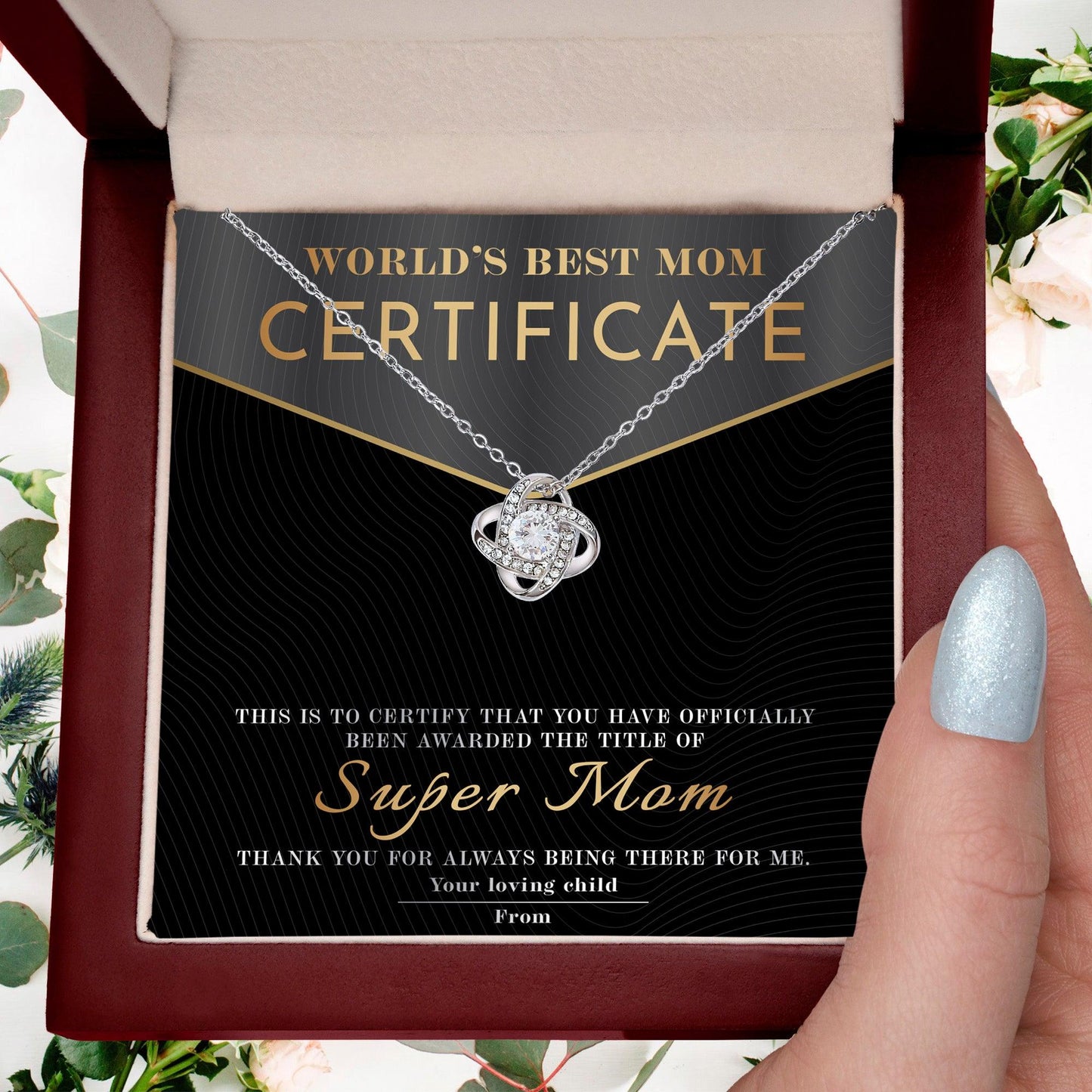 Certificate of World's Best Super Mom Love Knot Necklace - Mallard Moon Gift Shop