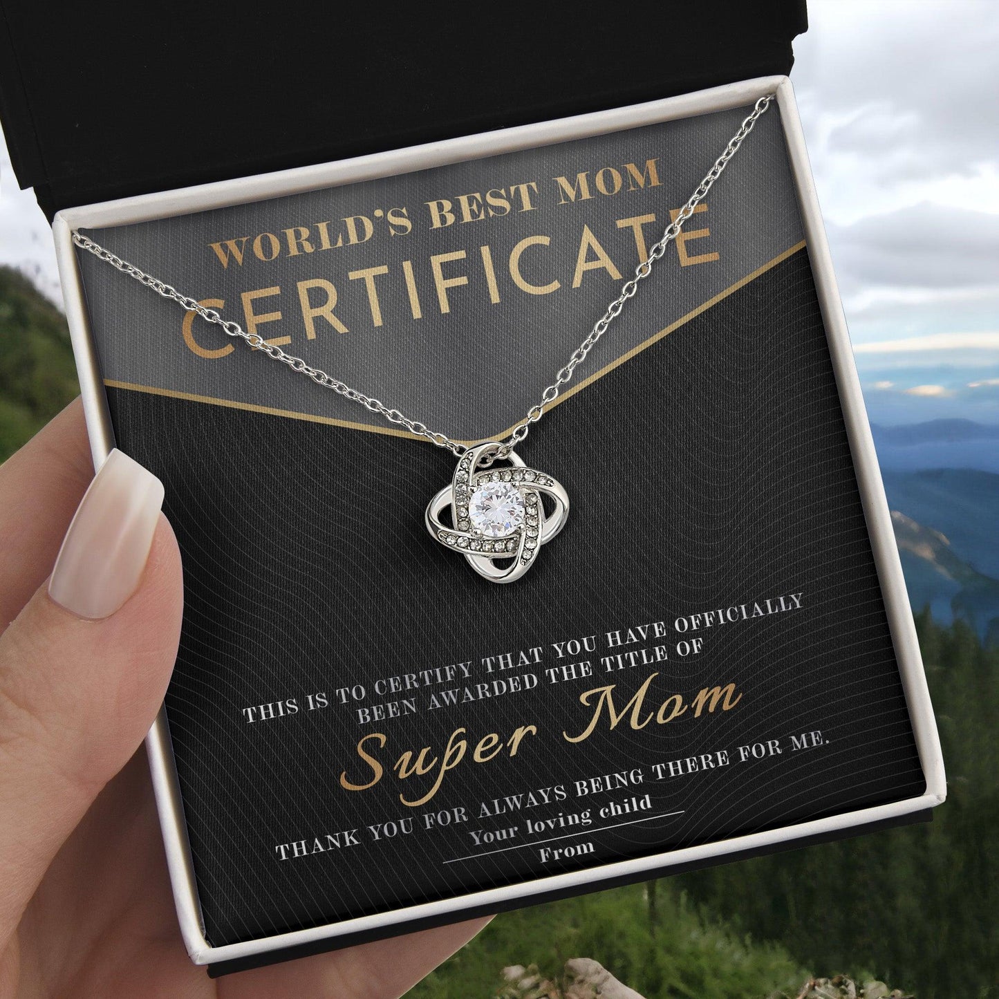 Certificate of World's Best Super Mom Love Knot Necklace - Mallard Moon Gift Shop