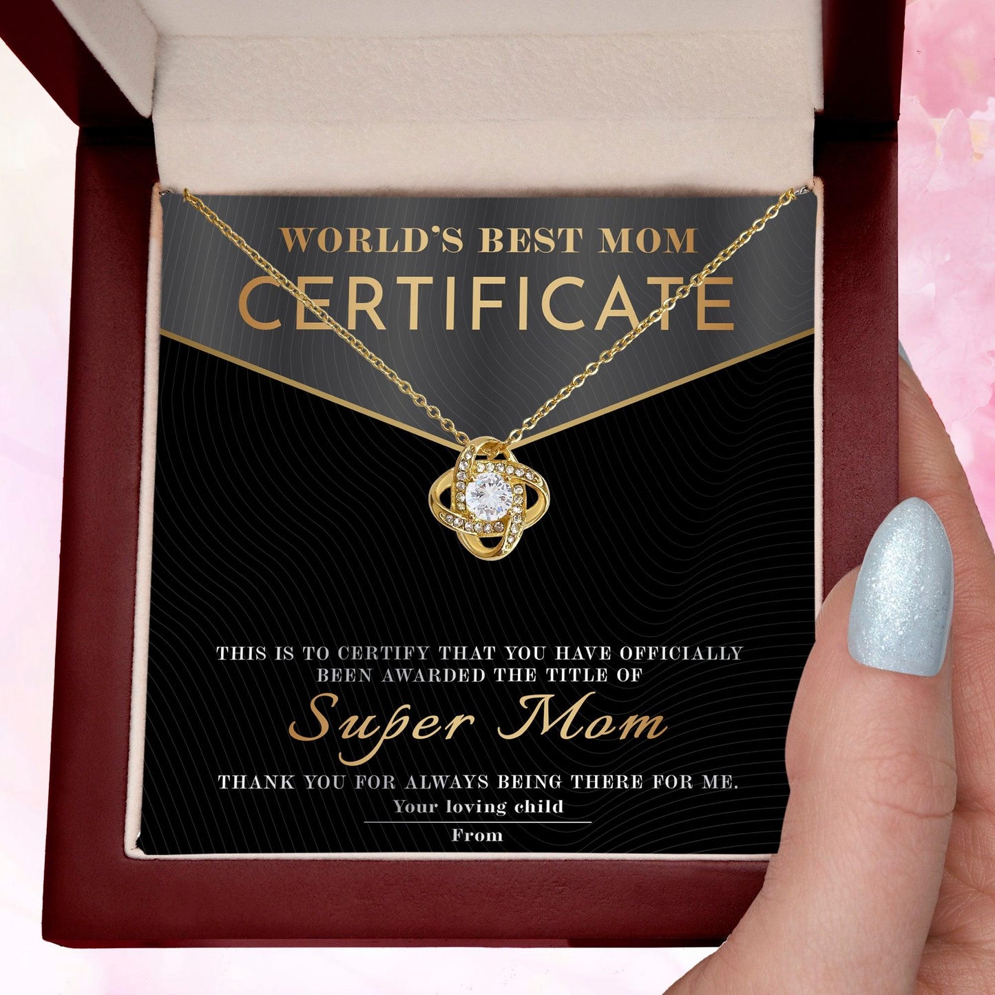 Certificate of World's Best Super Mom Love Knot Necklace - Mallard Moon Gift Shop