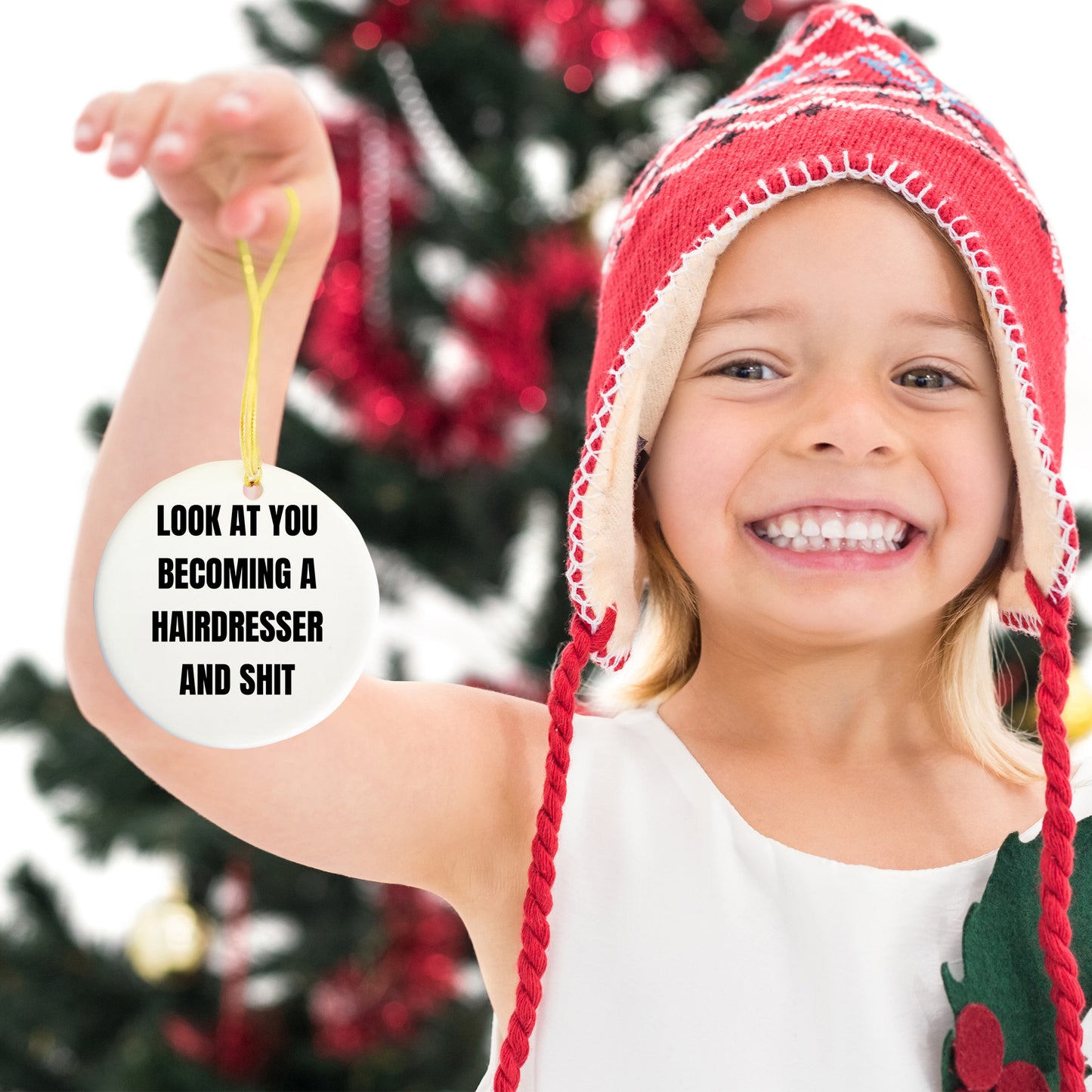 Funny Hairdresser Christmas Circle Ornament 'Look At You Becoming A Hairdresser And Shit' - Mallard Moon