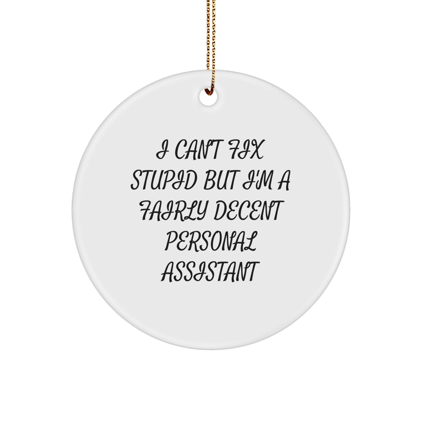 Funny Personal Assistant Gifts from Men - 'I Can't Fix Stupid But I'm A Fairly Decent Personal Assistant' Circle Ornament for Christmas Unique Gifts for Friends Coworkers Family - Image 1
