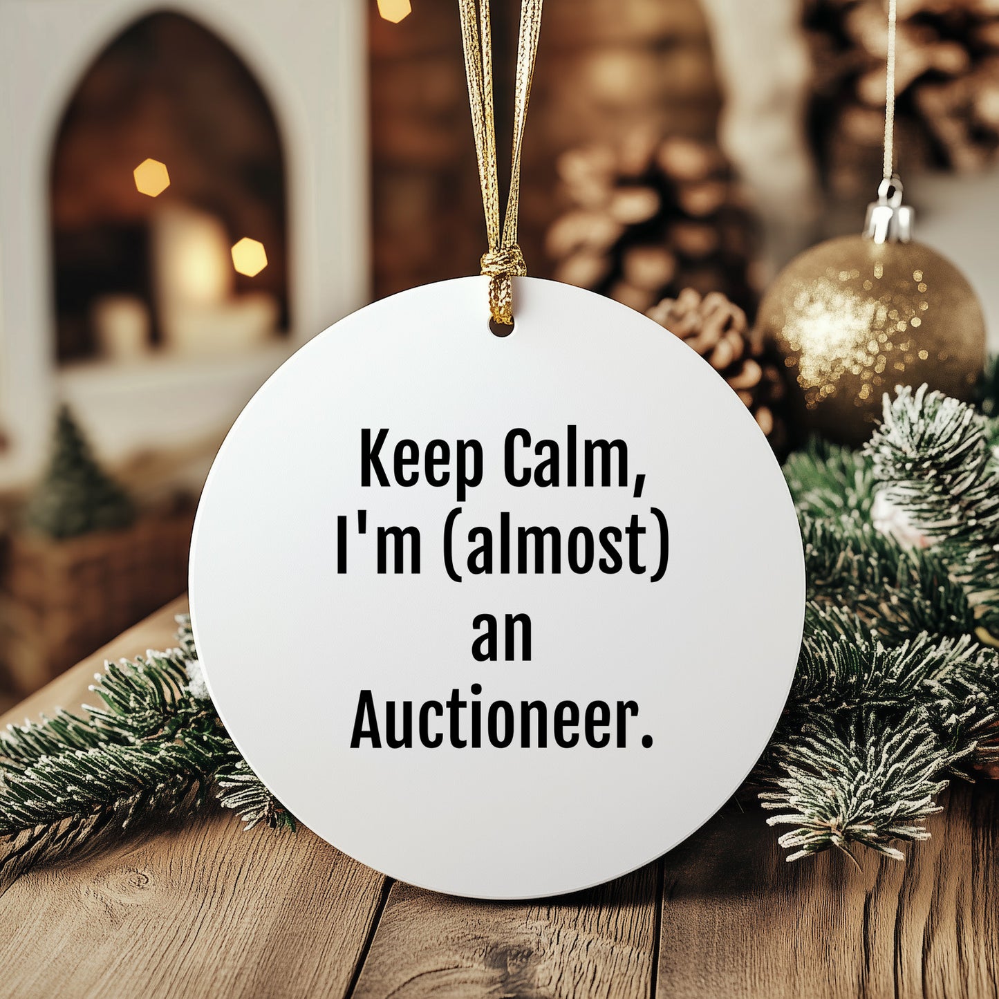 Funny Auctioneer Gifts, Keep Calm, I'm (almost) An Auctioneer. Circle Ornament for Christmas, Gifts from Friends to Family