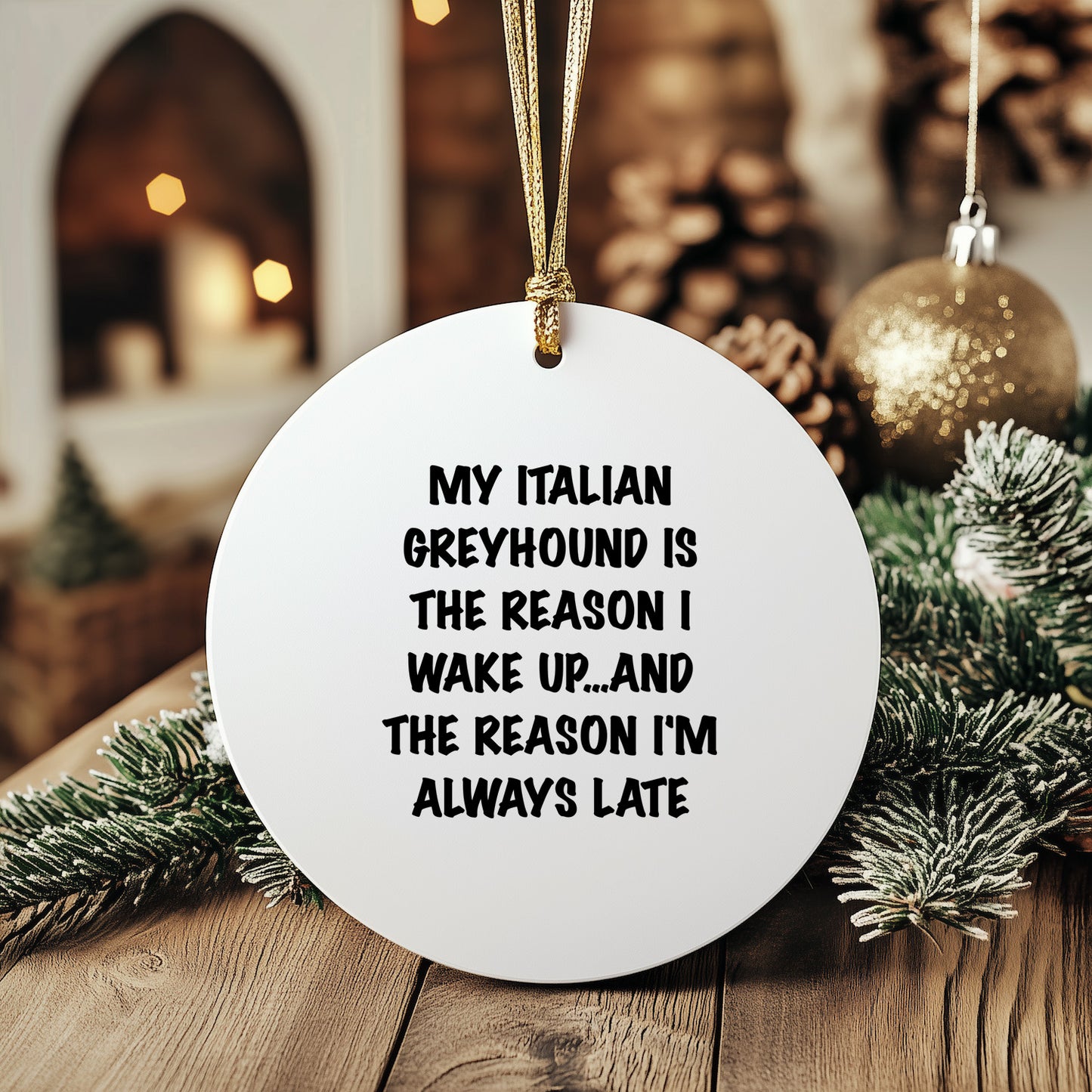 Italian Greyhound Dog Lover Circle Ornament, 'My Italian Greyhound Is The Reason I Wake Up...and The Reason I'm Always Late', Christmas Gifts