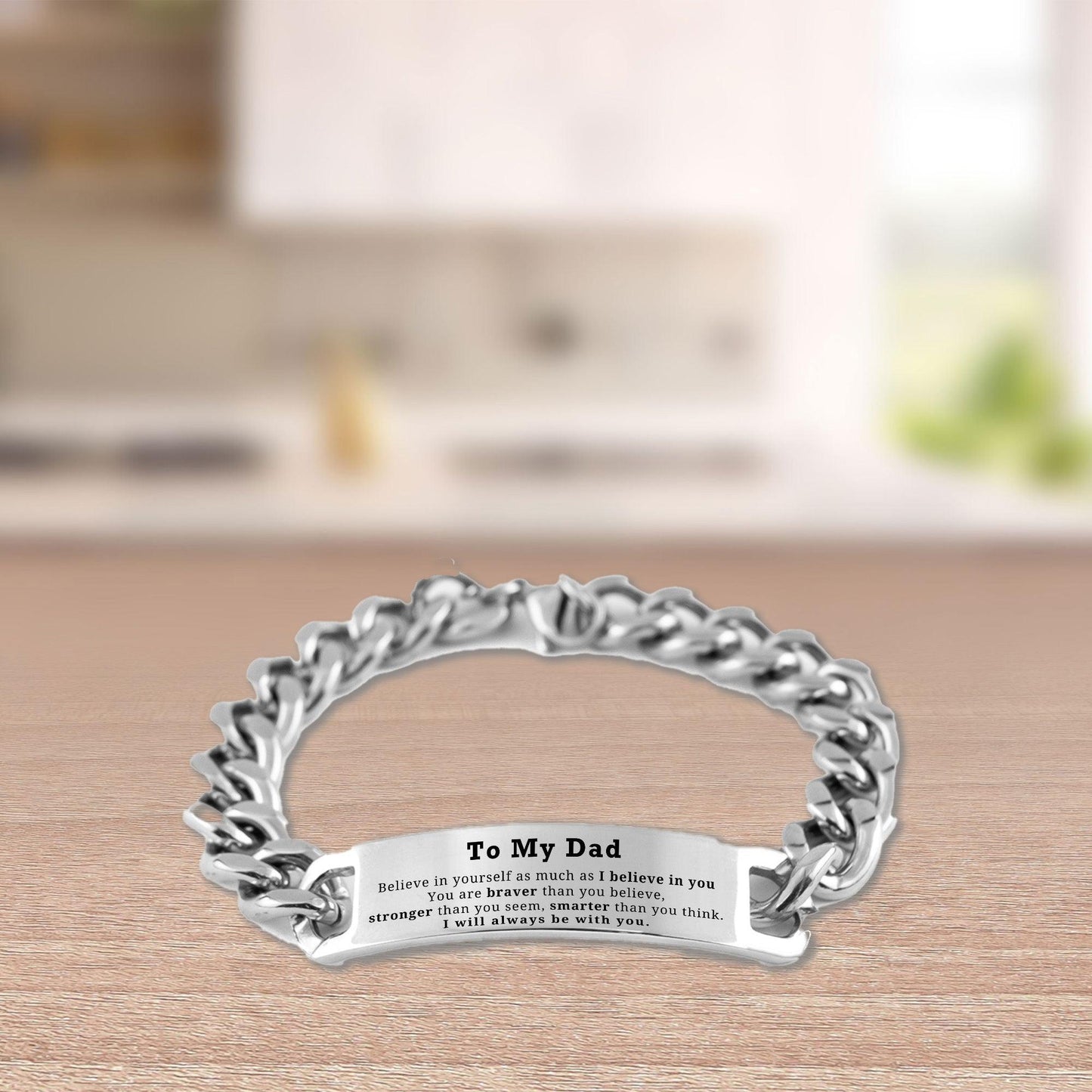 Dad Cuban Chain Stainless Steel Engraved Bracelet You are braver than you believe, stronger than you seem, Inspirational Birthday, Christmas Father's Day Gifts - Mallard Moon Gift Shop