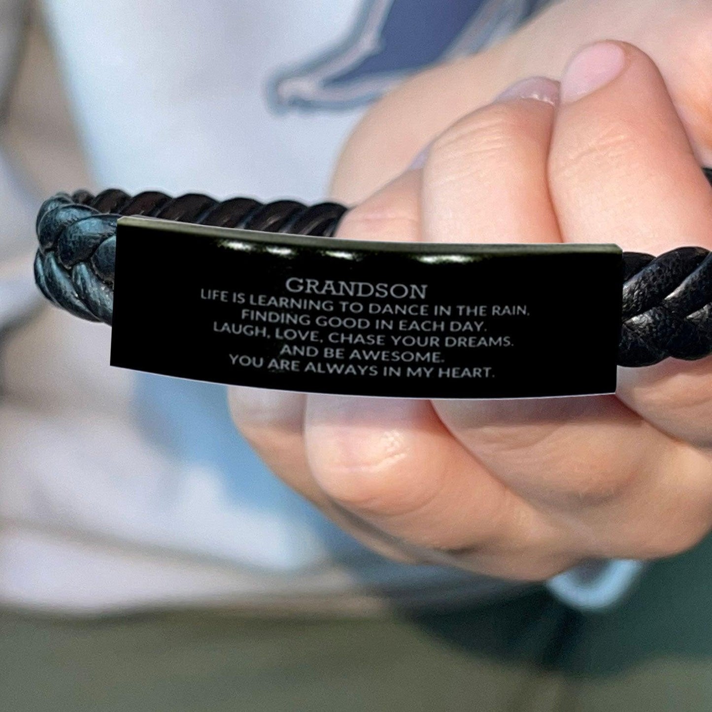 Grandson Braided Leather Engraved Bracelet, Motivational Heartfelt Birthday, Christmas Holiday Gifts For Grandson, Life is Learning to Dance in the Rain, You are Always in My Heart - Mallard Moon Gift Shop