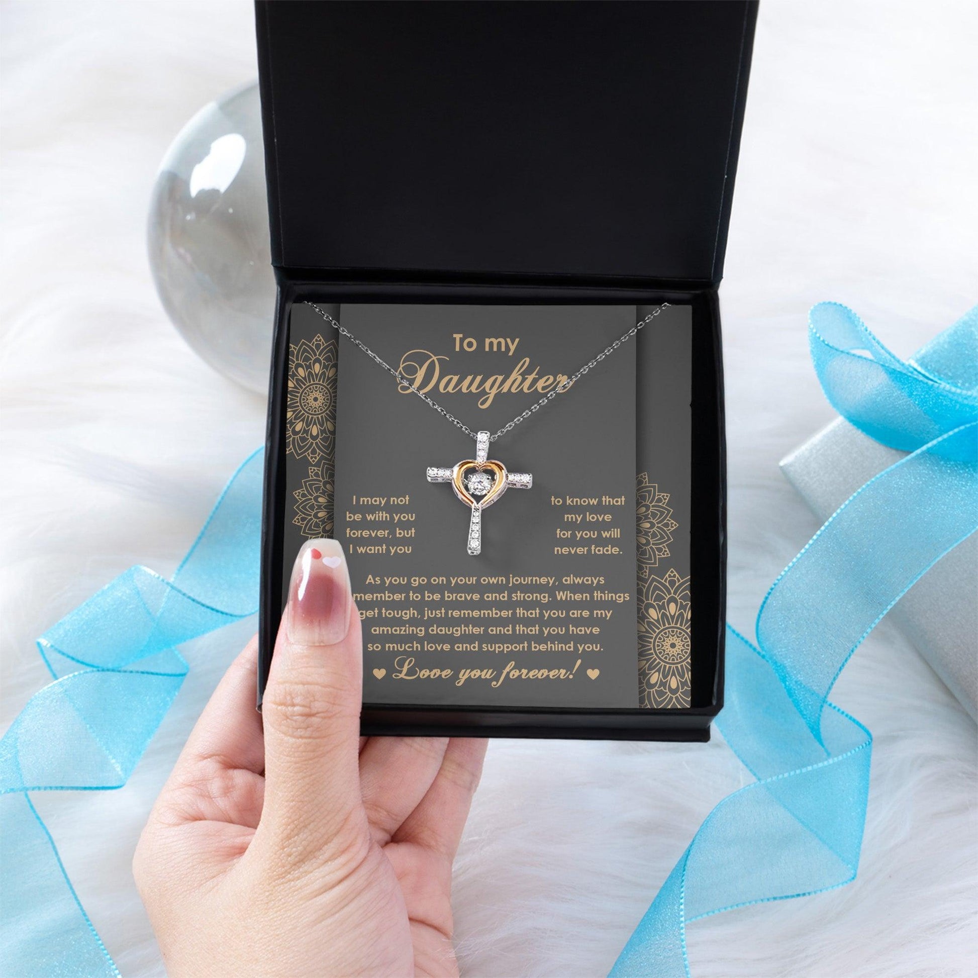 Daughter Gift for Birthday, Christmas, Graduation Inspirational Brave and Strong Cross Pendant Necklace - Mallard Moon Gift Shop