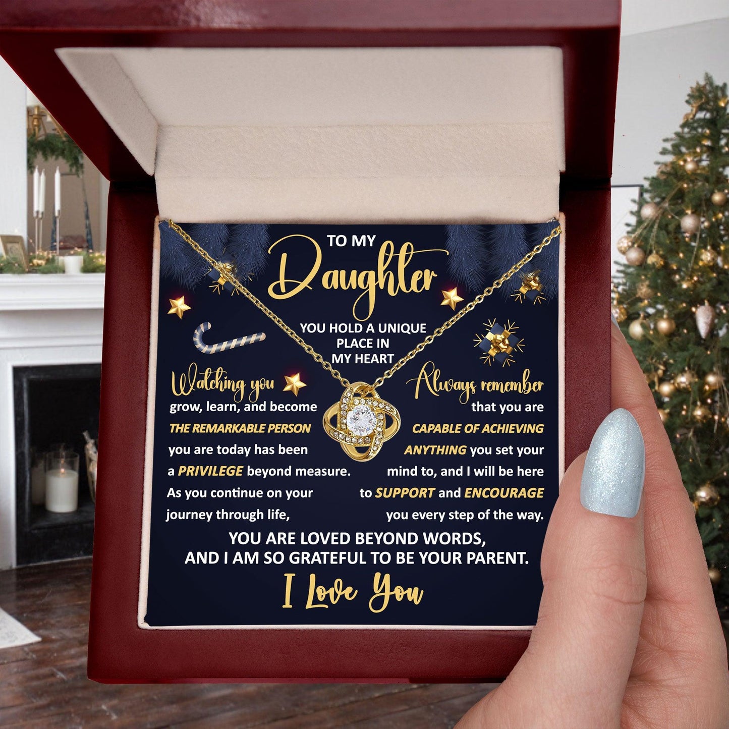 To My Daughter - You Hold a Unique Place in my Heart - Christmas Love Knot Necklace - Mallard Moon Gift Shop