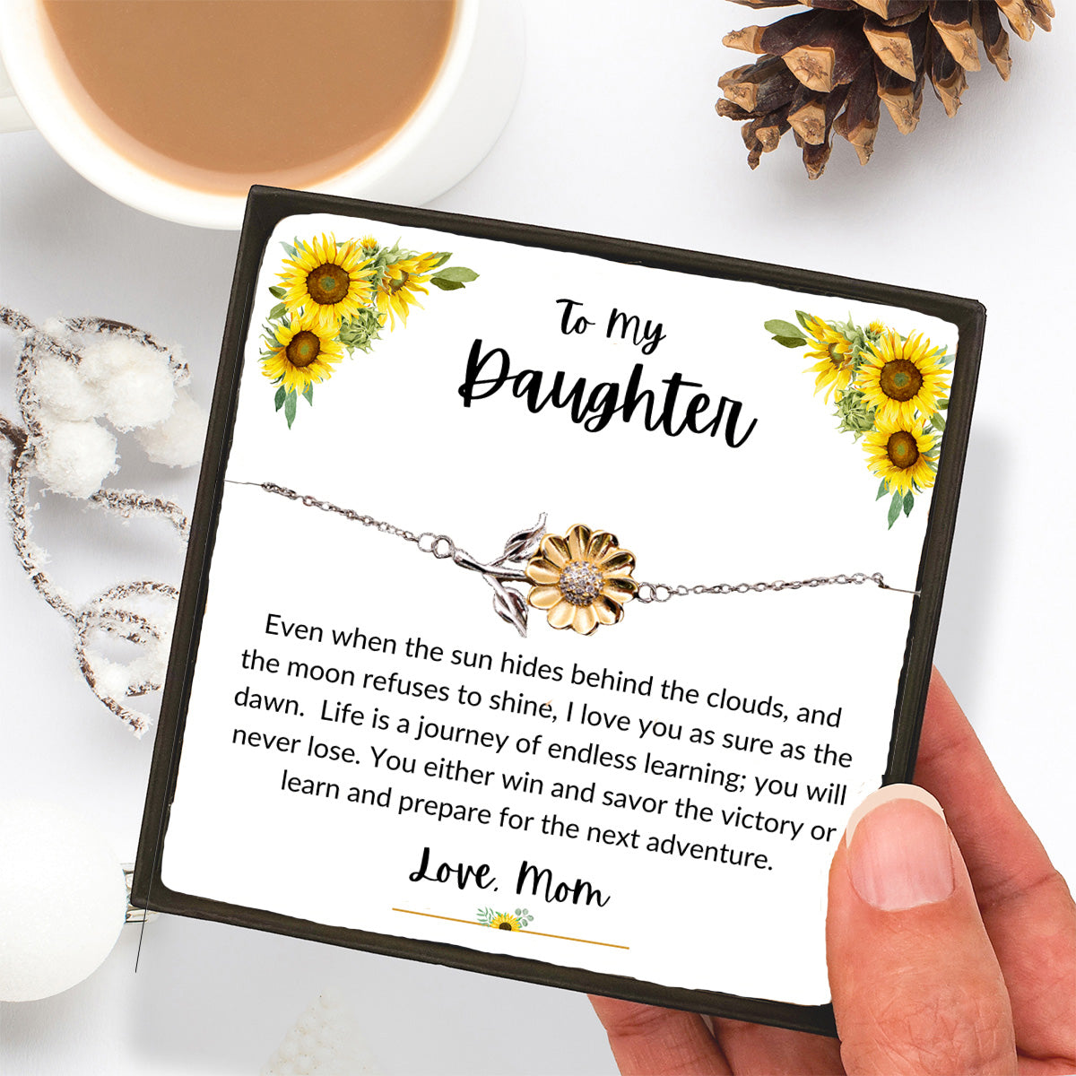 Daughter Sunflower Bracelet – Sterling Silver with 18K Gold-Plated Petals – Gift for Teen & Adult Daughters from Mom – Inspirational Jewelry with Message Card - Graduation, Birthday Keepsake - Mallard Moon Gift Shop