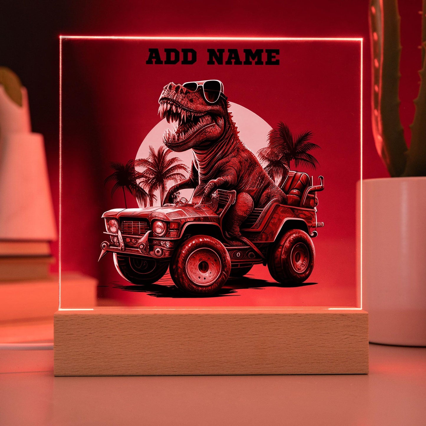 Dinosaur Monster Truck Personalized Acrylic Plaque Nightlight - Mallard Moon Gift Shop