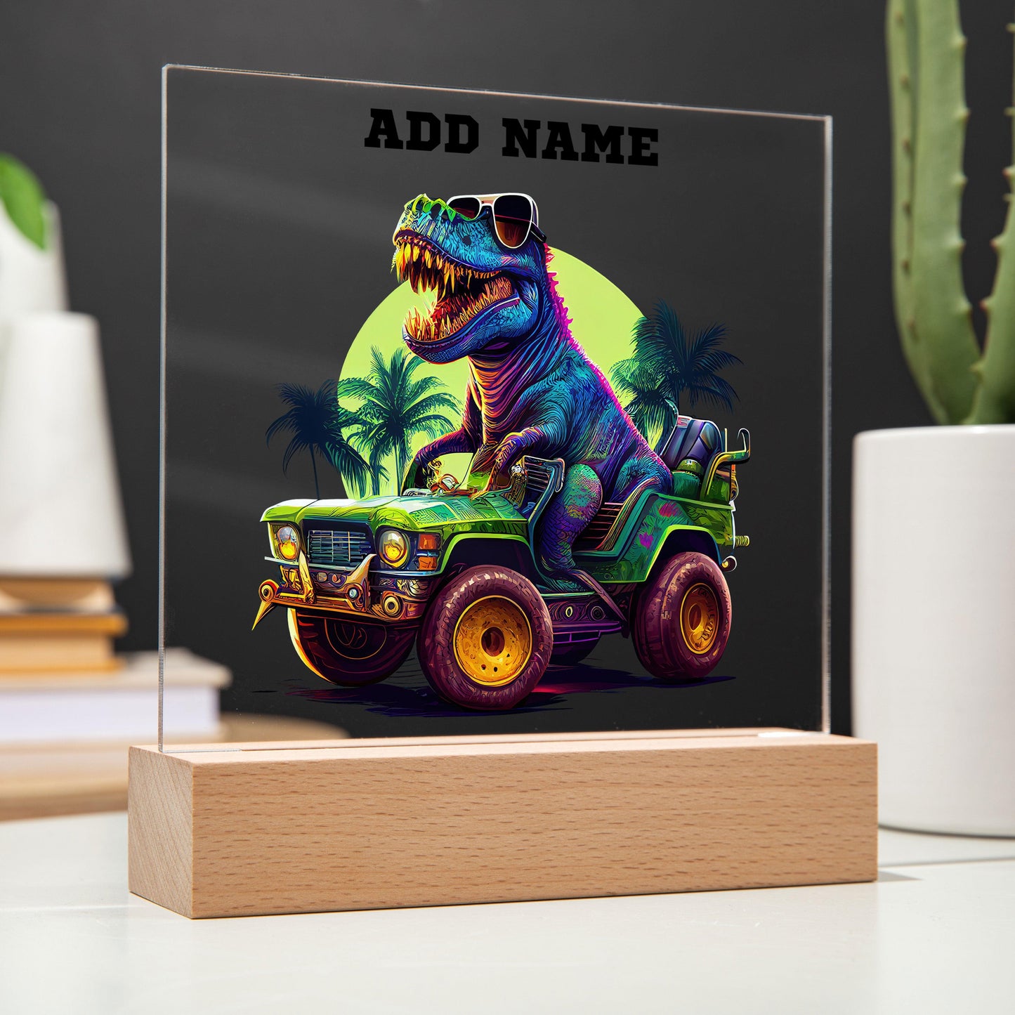 Dinosaur Monster Truck Personalized Acrylic Plaque Nightlight - Mallard Moon Gift Shop
