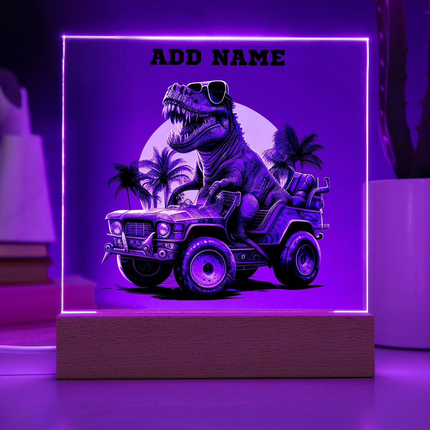 Dinosaur Monster Truck Personalized Acrylic Plaque Nightlight - Mallard Moon Gift Shop