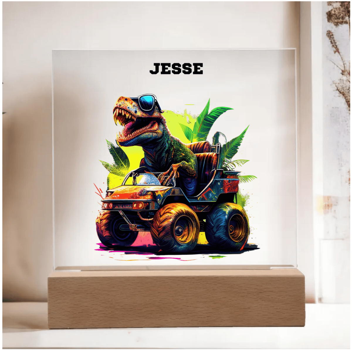 Dinosaur Monster Truck Personalized Acrylic Plaque Nightlight - Mallard Moon Gift Shop