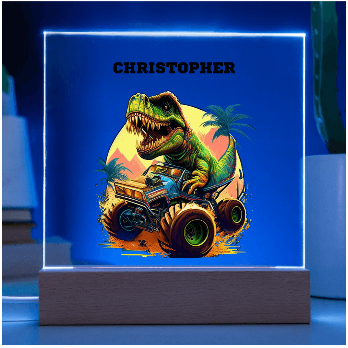 Dinosaur Monster Truck Personalized Acrylic Plaque Nightlight - Mallard Moon Gift Shop