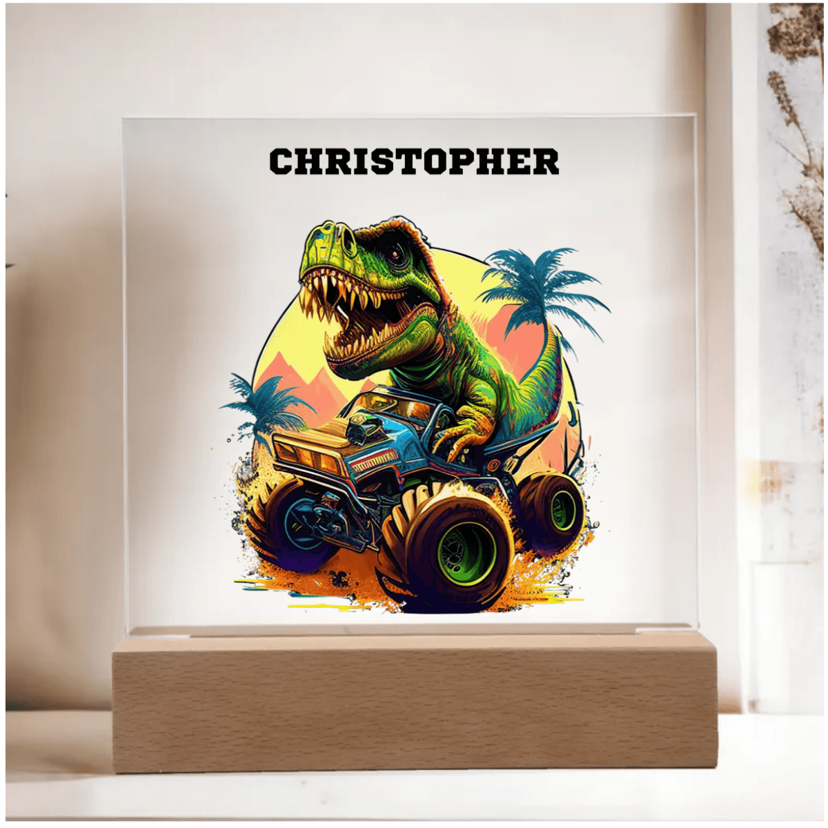 Dinosaur Monster Truck Personalized Acrylic Plaque Nightlight - Mallard Moon Gift Shop