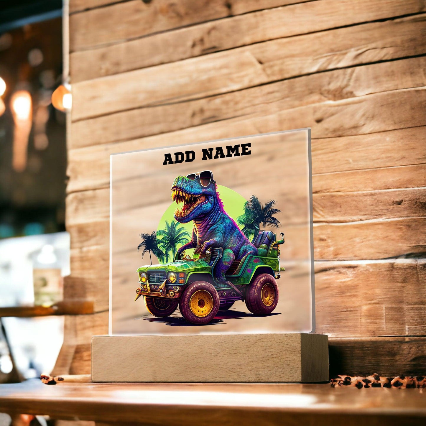 Dinosaur Monster Truck Personalized Acrylic Plaque Nightlight - Mallard Moon Gift Shop
