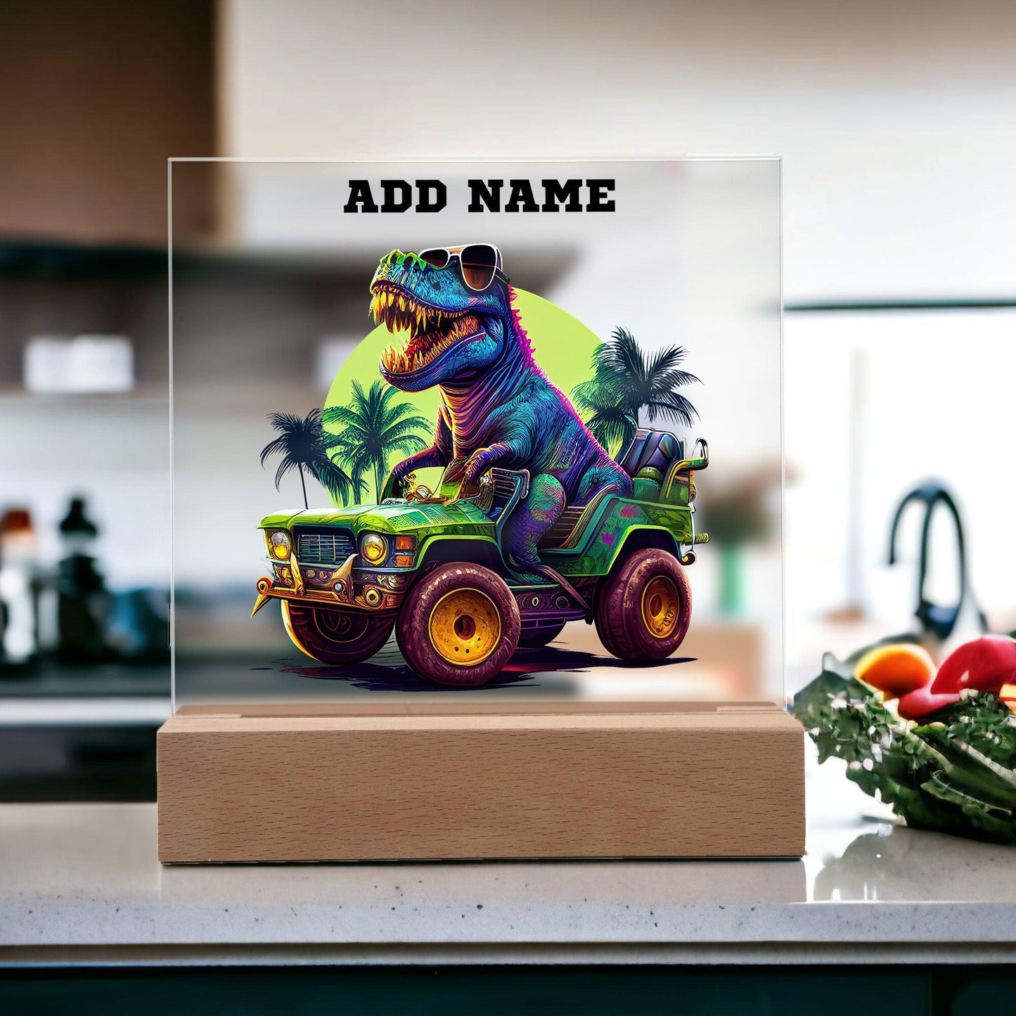 Dinosaur Monster Truck Personalized Acrylic Plaque Nightlight - Mallard Moon Gift Shop