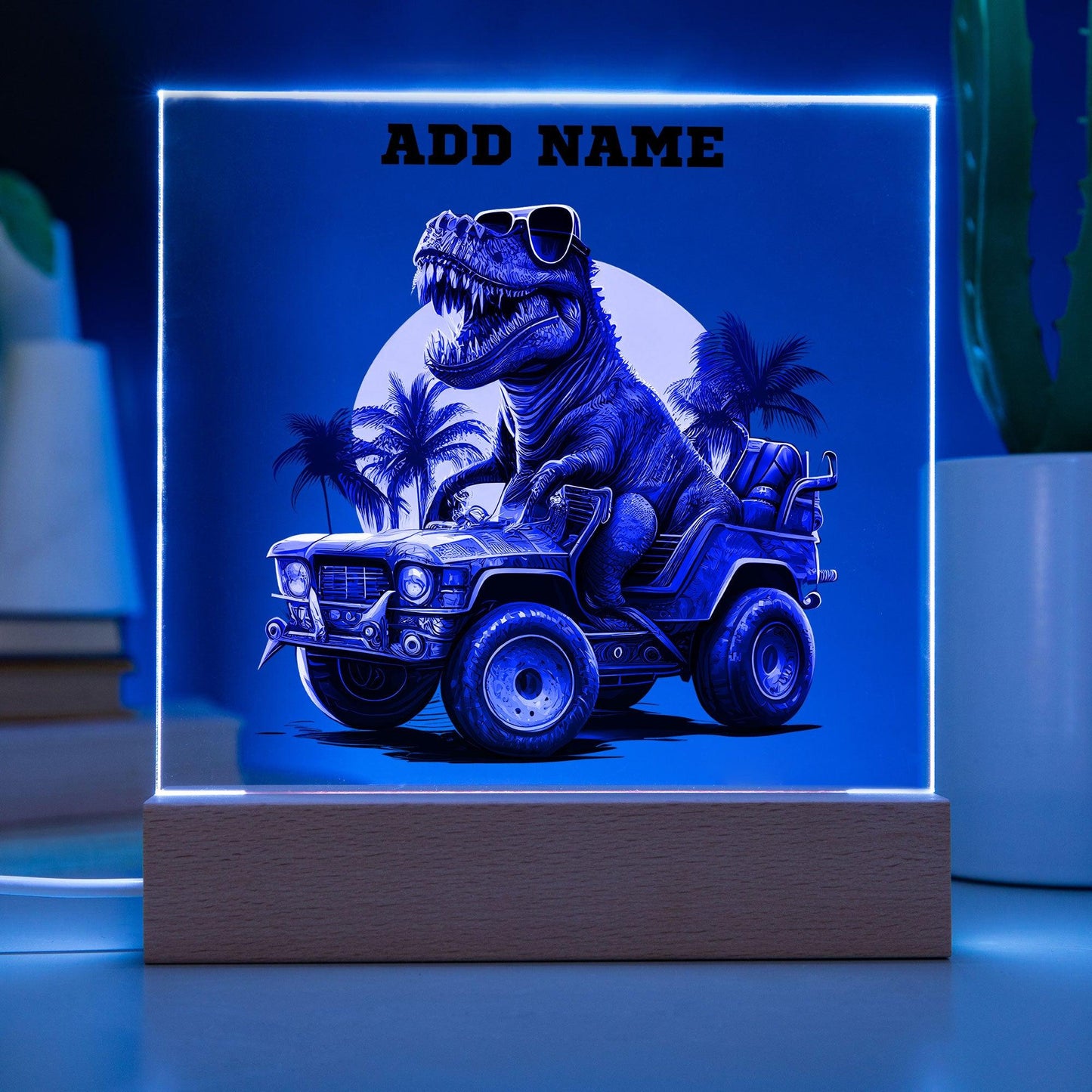 Dinosaur Monster Truck Personalized Acrylic Plaque Nightlight - Mallard Moon Gift Shop