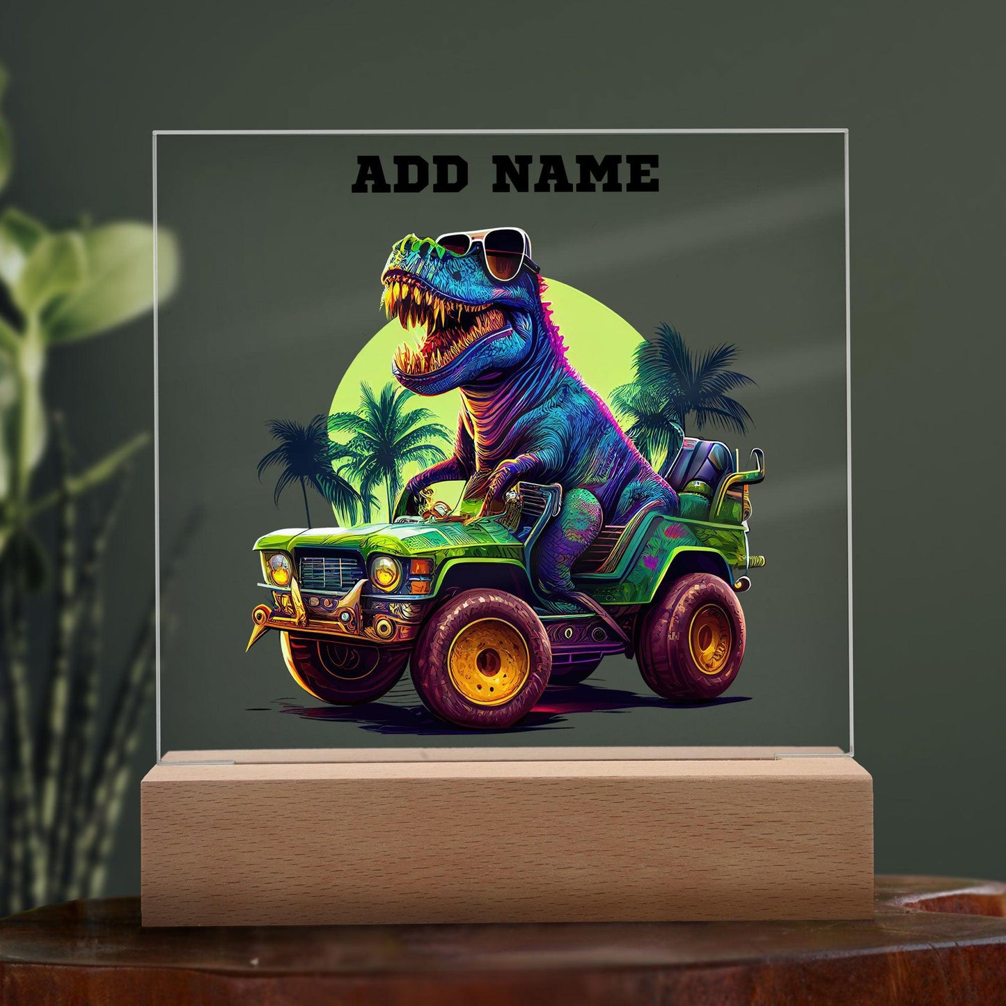 Dinosaur Monster Truck Personalized Acrylic Plaque Nightlight - Mallard Moon Gift Shop