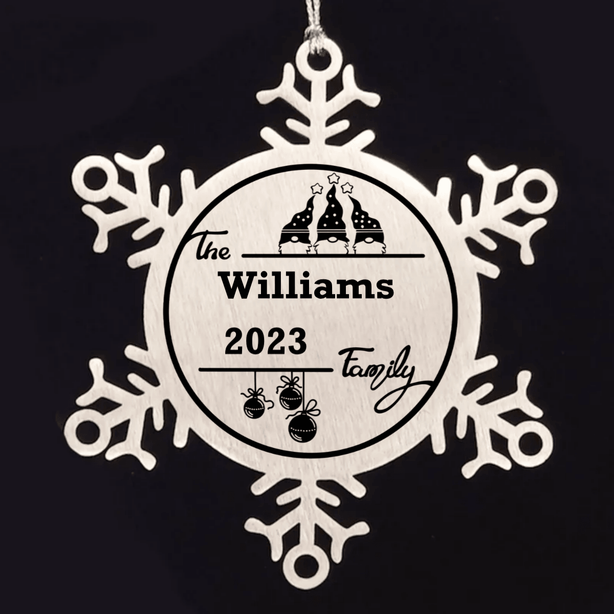 Gnome Family Name Personalized Laser Engraved Stainless Steel Snowflake Tree Ornament - Mallard Moon Gift Shop