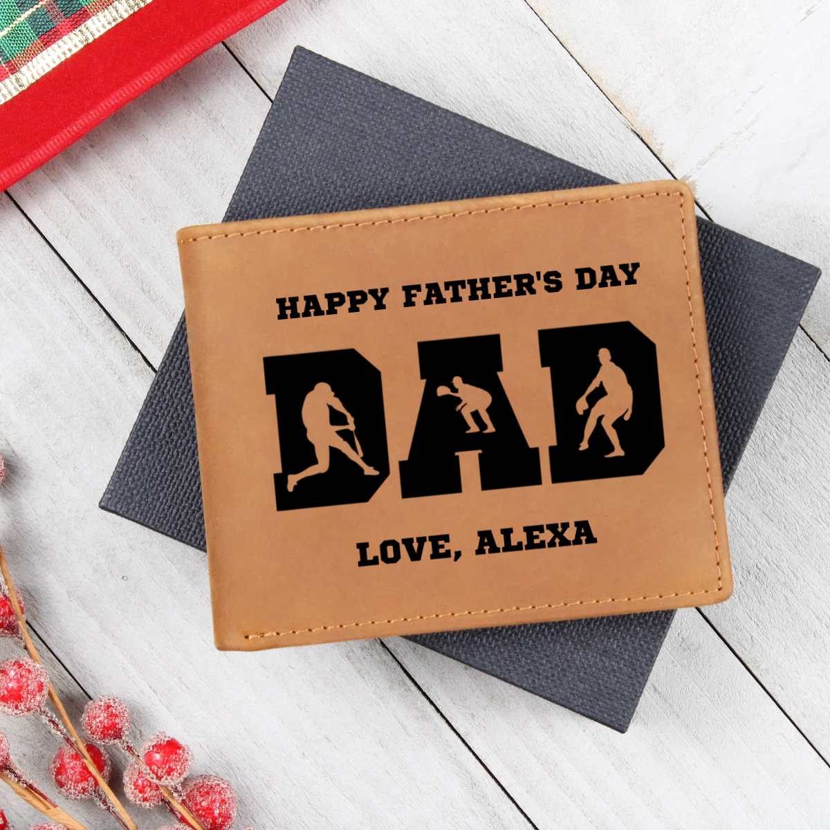 Baseball Silhouette Dad Wallet – Full Grain Cowhide Leather Bifold – Sports Gift for Father's Day or Baseball Coach - Mallard Moon Gift Shop
