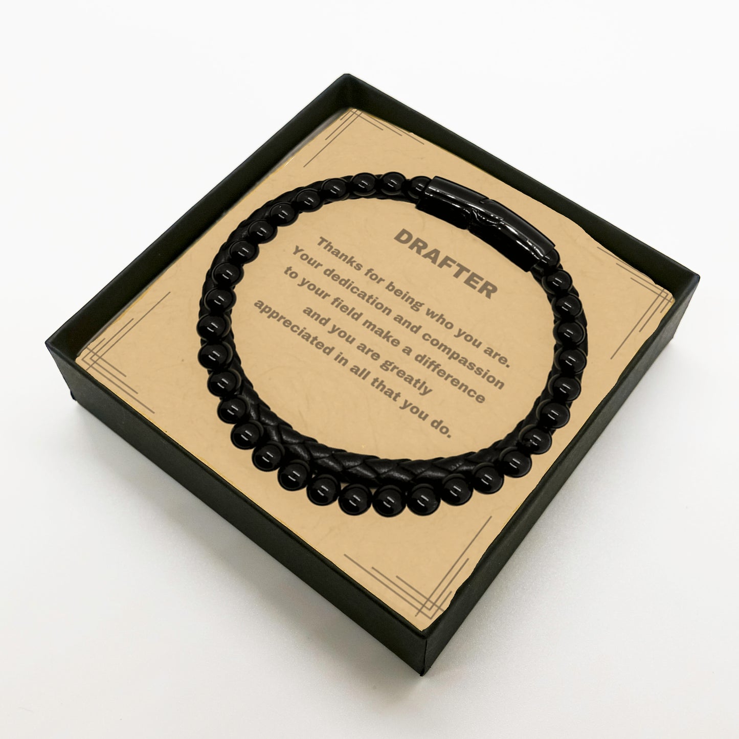 Drafter Bracelet – Genuine Stone & Leather Braided Bracelet with Appreciation Message in Gift Box - Mallard Moon Gift Shop