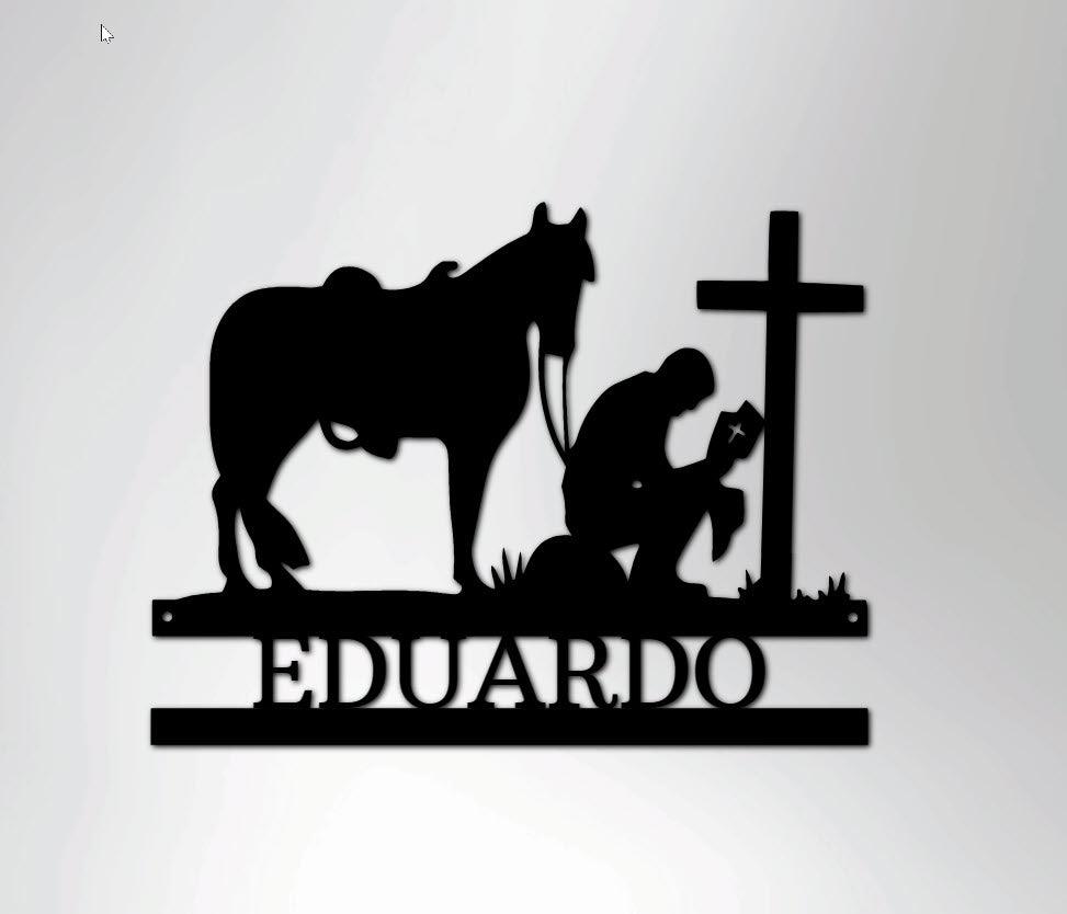 Praying Cowboy with Horse Kneeling at Cross Custom Name Metal Wall Art - Mallard Moon Gift Shop