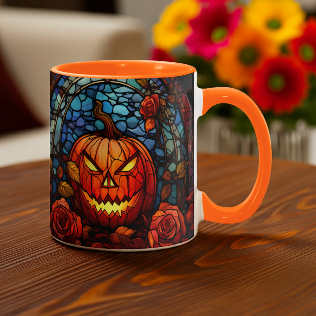 Stained Glass Pumpkin Halloween Ceramic Two Toned Accent Color Mug β Vibrant Jack-O'-Lantern Coffee Cup - Mallard Moon