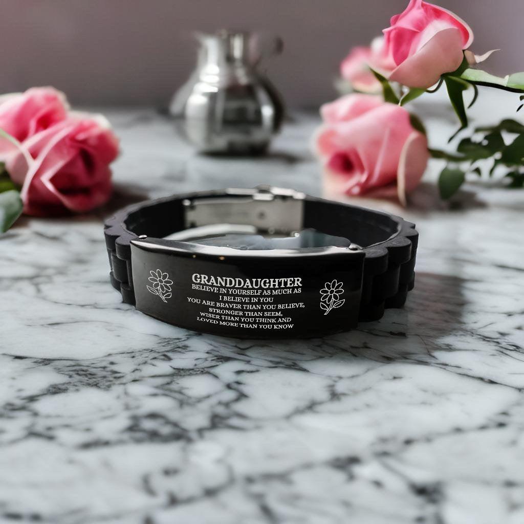 Granddaughter Engraved Black Glidelock Clasp Bracelet, Motivational Heartfelt Birthday, Christmas Holiday Gifts For Granddaughter, You are Braver than you Believe, Loved More than you Know - Mallard Moon Gift Shop