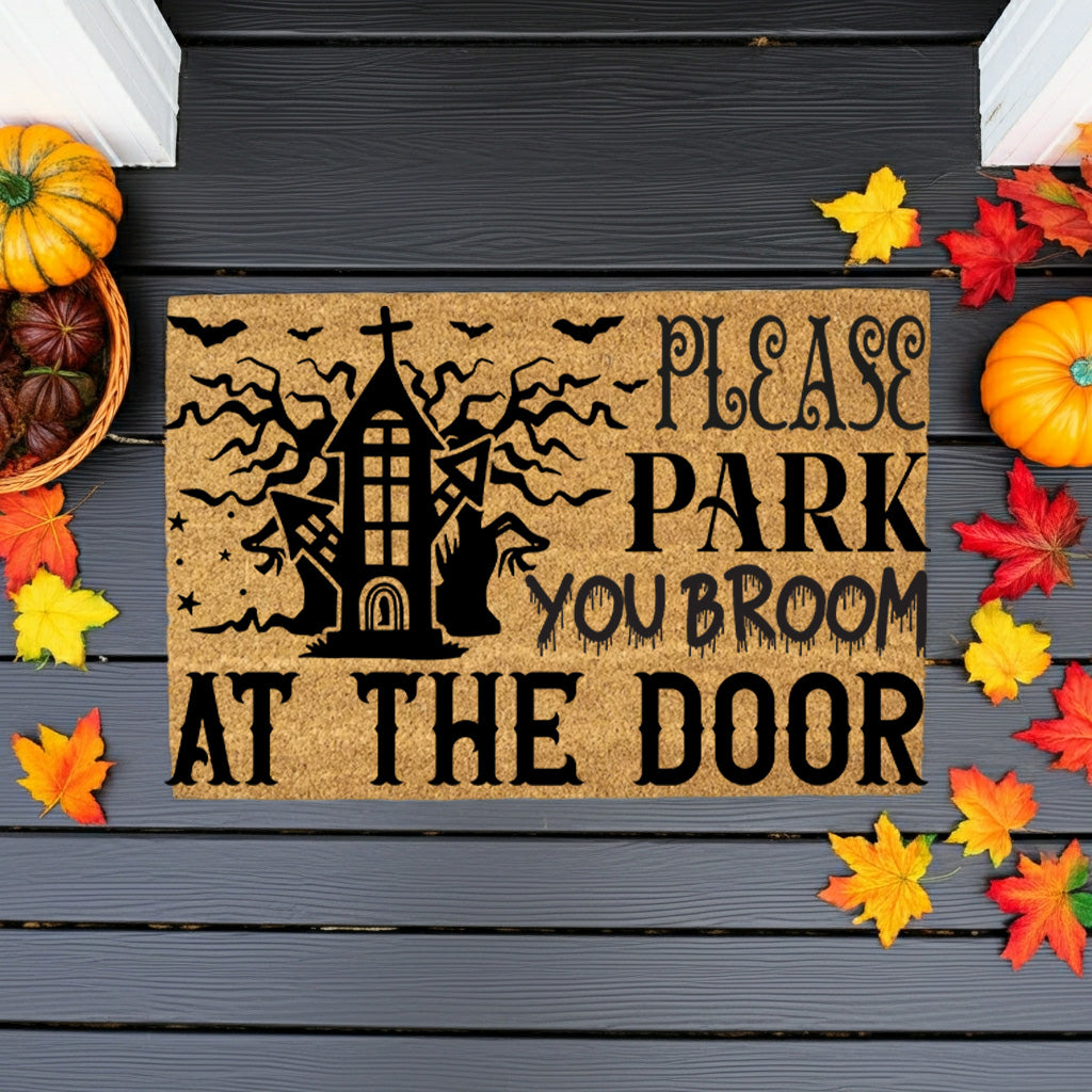 Please Park Your Broom at the Door Coir Doormat – Funny Witch Halloween Welcome Mat | Haunted House Front Porch Decor | Spooky Fall Entry Rug