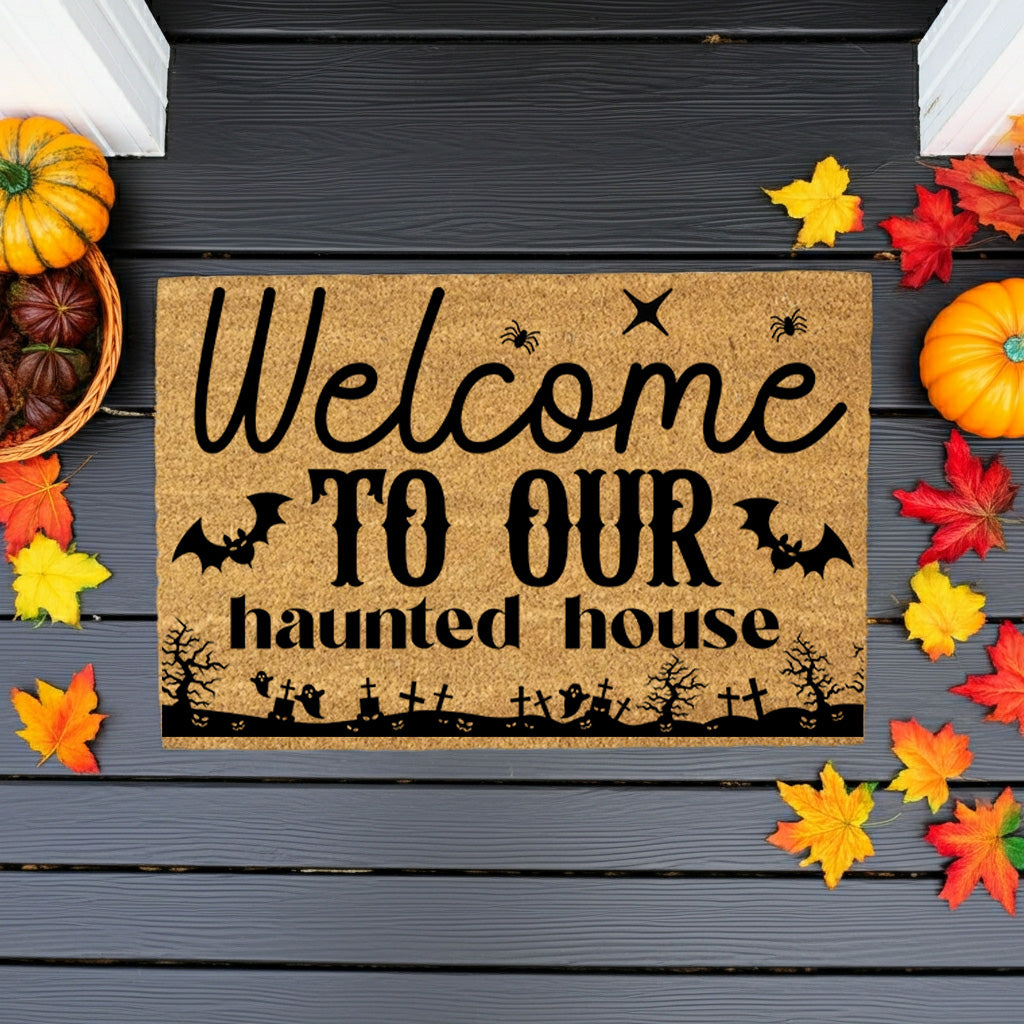 Welcome to Our Haunted House Coir Doormat – Spooky Halloween Welcome Mat | Rustic Haunted Porch Decor | Funny Fall Entryway Rug
