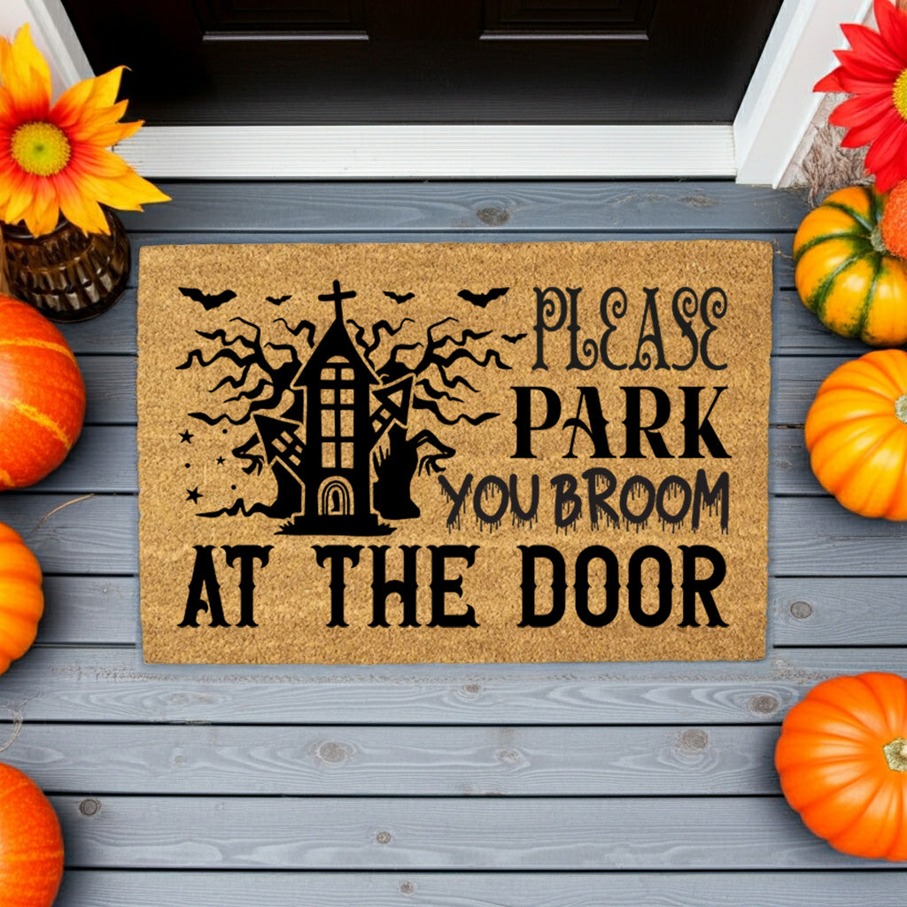 Please Park Your Broom at the Door Coir Doormat – Funny Witch Halloween Welcome Mat | Haunted House Front Porch Decor | Spooky Fall Entry Rug