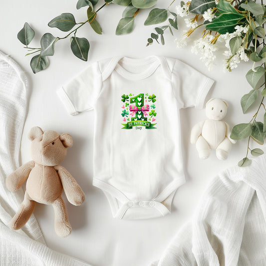 First St. Patrick’s Day Baby Girl Bodysuit – Cute Shamrock & Bow Onesie – Soft Cotton Infant Romper – Lucky Irish Holiday Outfit & Baby Shower Gift - Mallard Moon Gift Shop