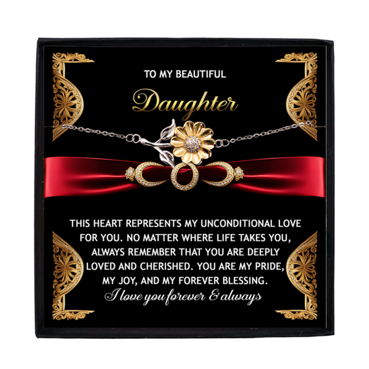 Daughter Sunflower Bracelet - Unconditional Love – 925 Sterling Silver with 18K Gold-Plated Petals – Meaningful Jewelry Gift from Parent – Includes Heartfelt Message Card - Mallard Moon Gift Shop
