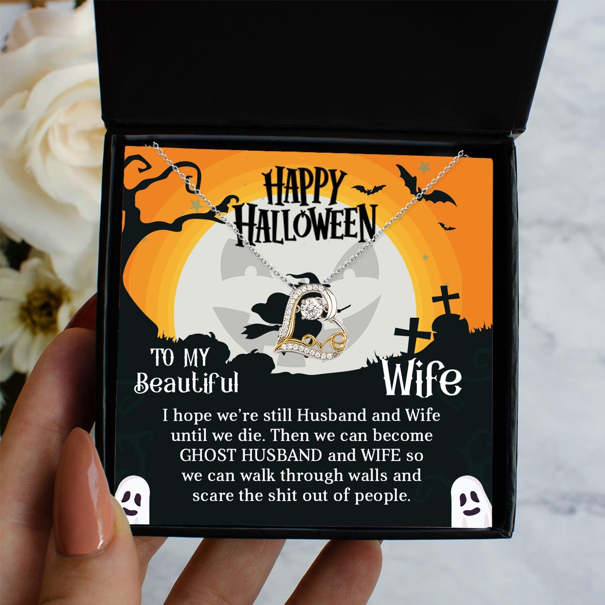 Wife Happy Halloween - Ghost Husband and Wife - Love Dancing Heart Necklace - Mallard Moon Gift Shop