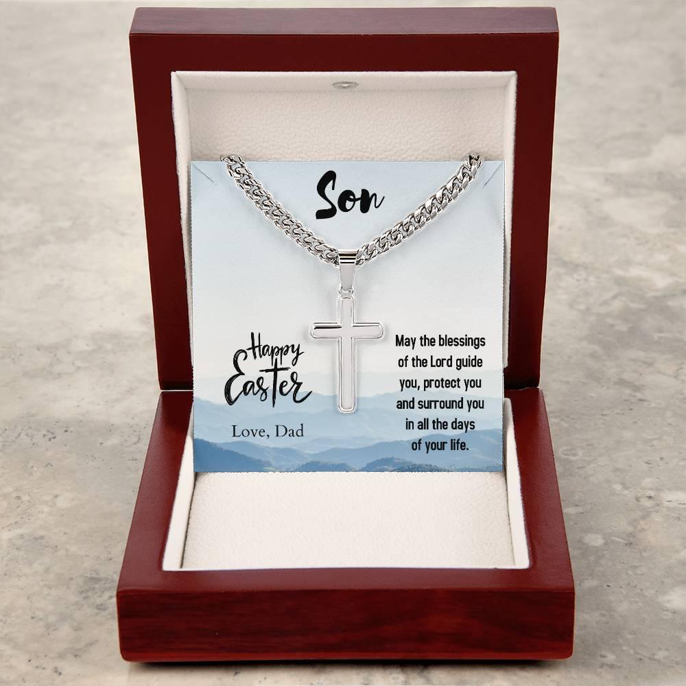 Gift for Son - Happy Easter May the Blessings of the Lord Guide You Personalized Engraved Cross Necklace - Mallard Moon Gift Shop