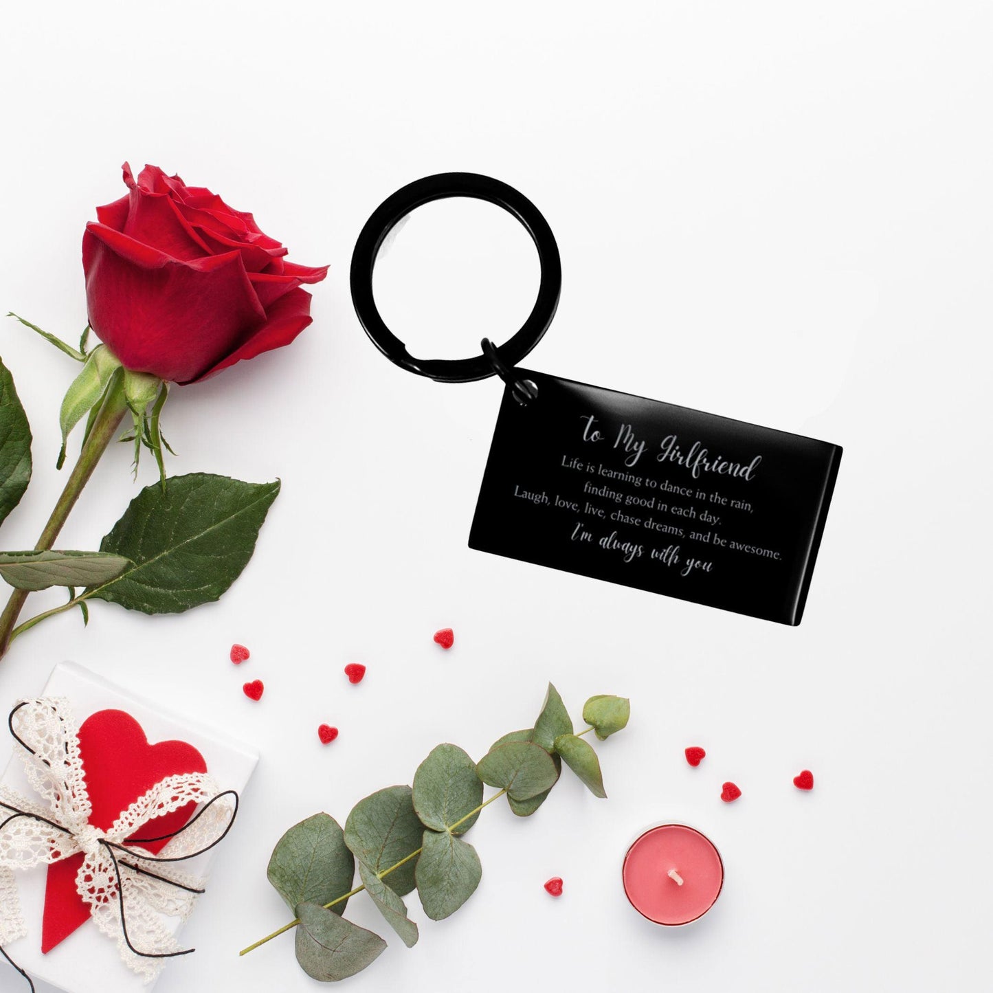 Girlfriend Engraved Keychain, Motivational Birthday Valentine Gifts Life is learning to dance in the rain, finding good in each day. I'm always with you - Mallard Moon Gift Shop