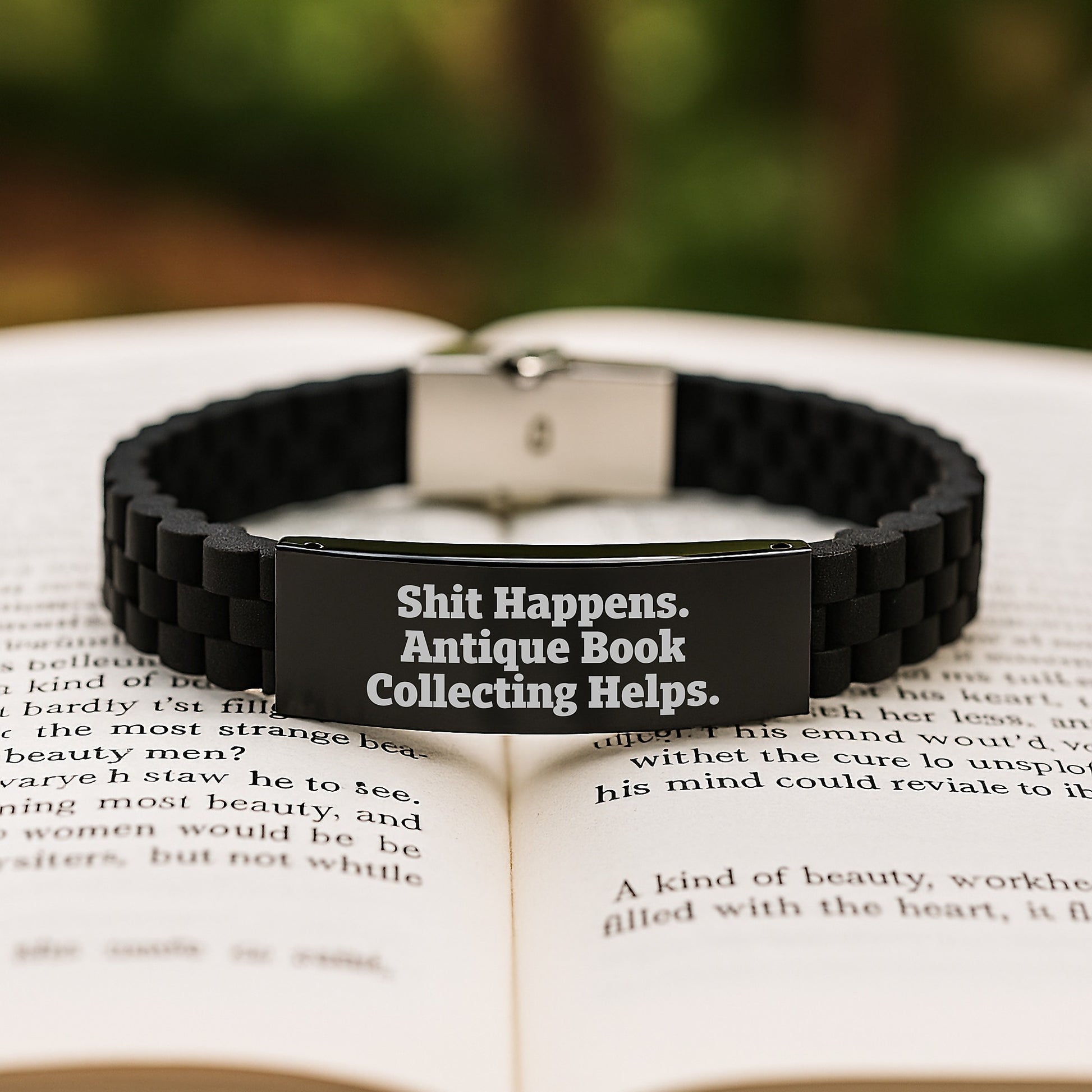Funny Antique Book Collecting Gifts for Men, Birthday Unique Gifts from Friends, Glide lock Clasp Bracelet with Silver Black Stainless Steel and Silicone - Image 2